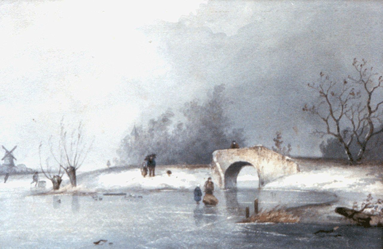 Apol L.F.H. | Lodewijk Franciscus Hendrik 'Louis' Apol, IJsgezicht met figuren bij een brug, aquarel op papier 22,3 x 32,3 cm, gesigneerd linksonder en te dateren ca. 1867 Apol L.F.H. | Lodewijk Franciscus Hendrik 'Louis' Apol, IJsgezicht met figuren bij een brug, aquarel op papier 22,3 x 32,3 cm, gesigneerd linksonder en te dateren ca. 1867