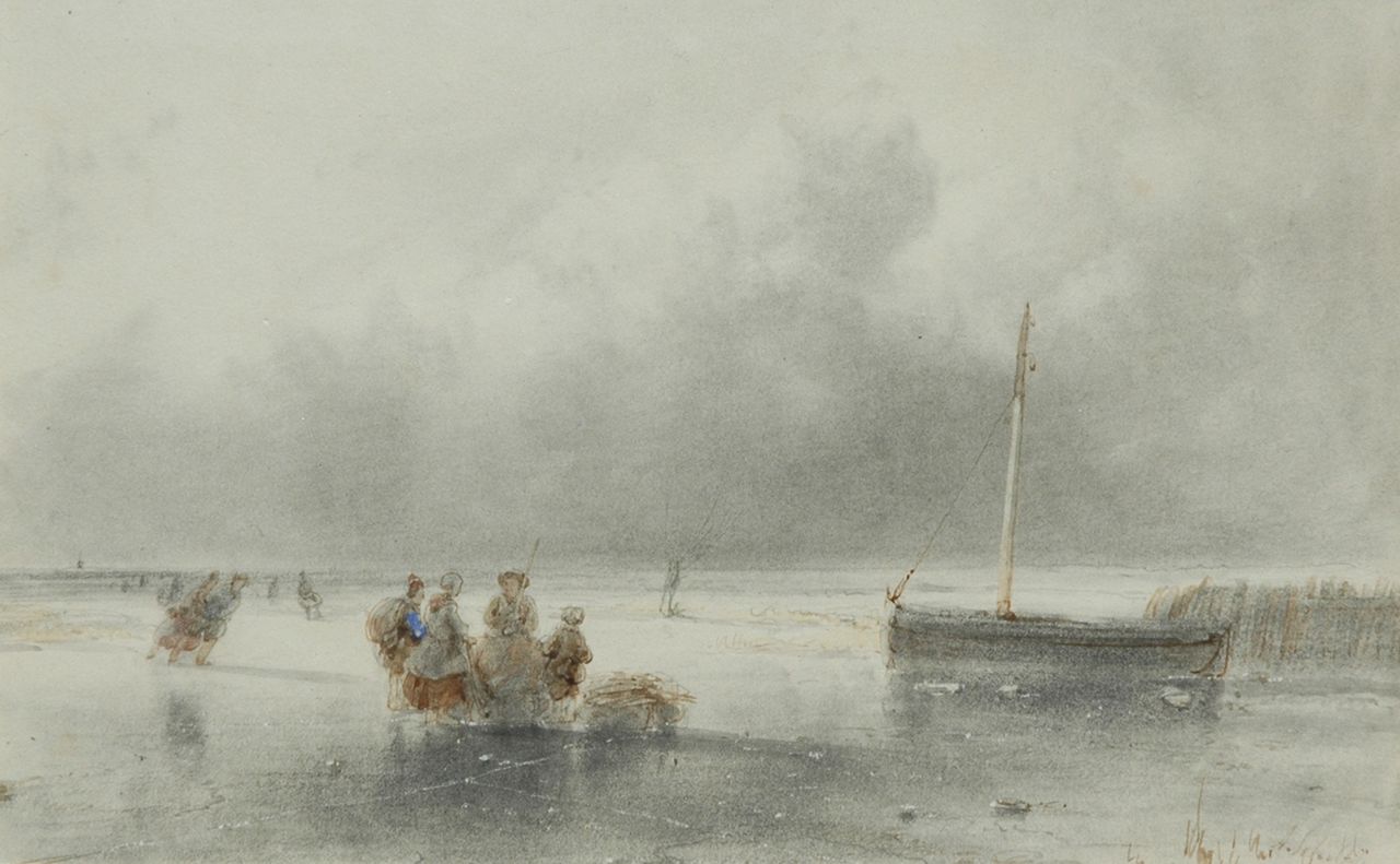 Schelfhout A.  | Andreas Schelfhout, Bevroren riviermonding met schaatsers en wandelaar met slede, pen, inkt en aquarel op papier 12,0 x 18,5 cm, gesigneerd rechtsonder