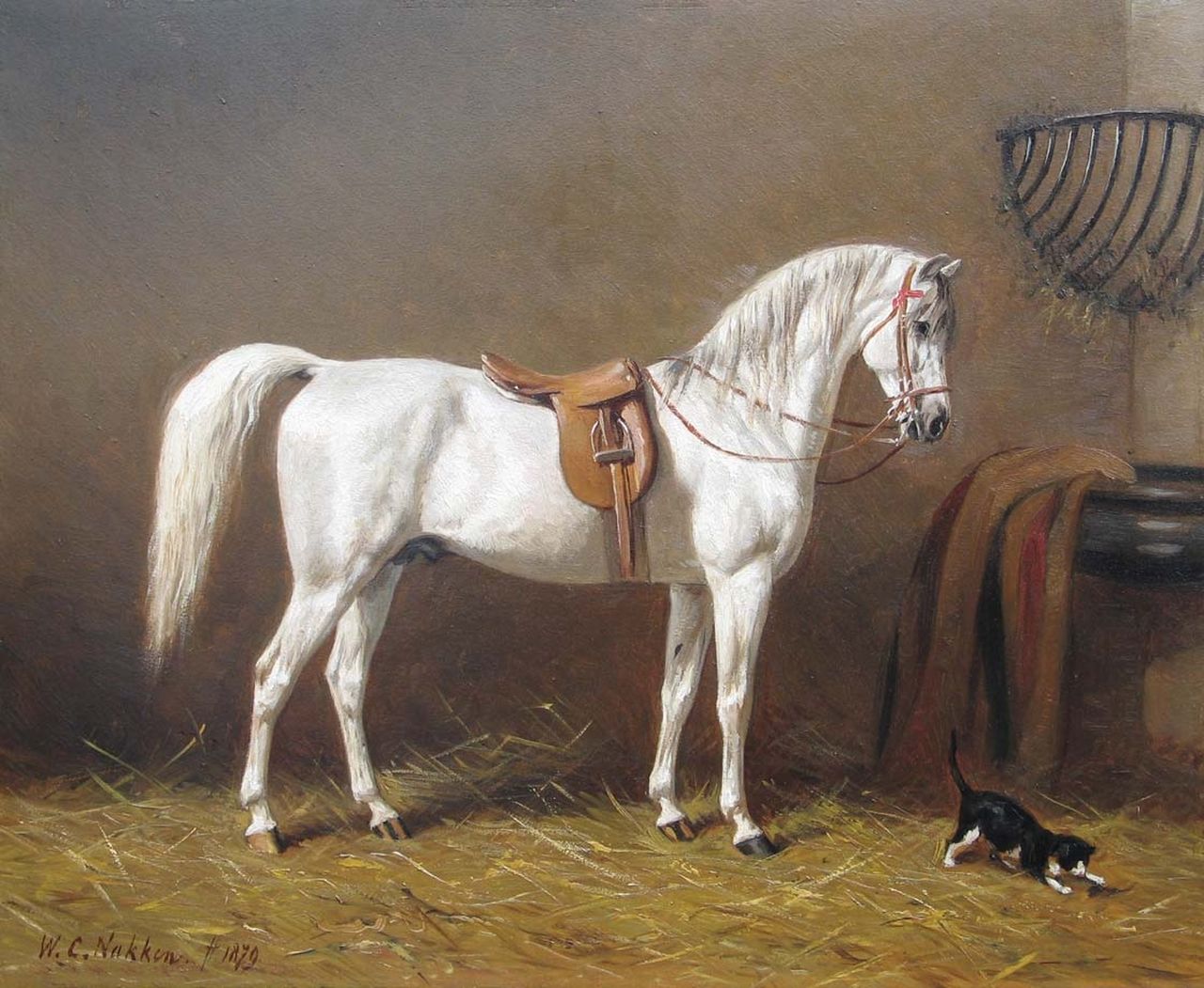 Nakken W.K.  | Willem Karel 'W.C.' Nakken, Schimmel in een stal, olieverf op paneel 39,7 x 48,0 cm, gesigneerd linksonder en gedateerd 1879