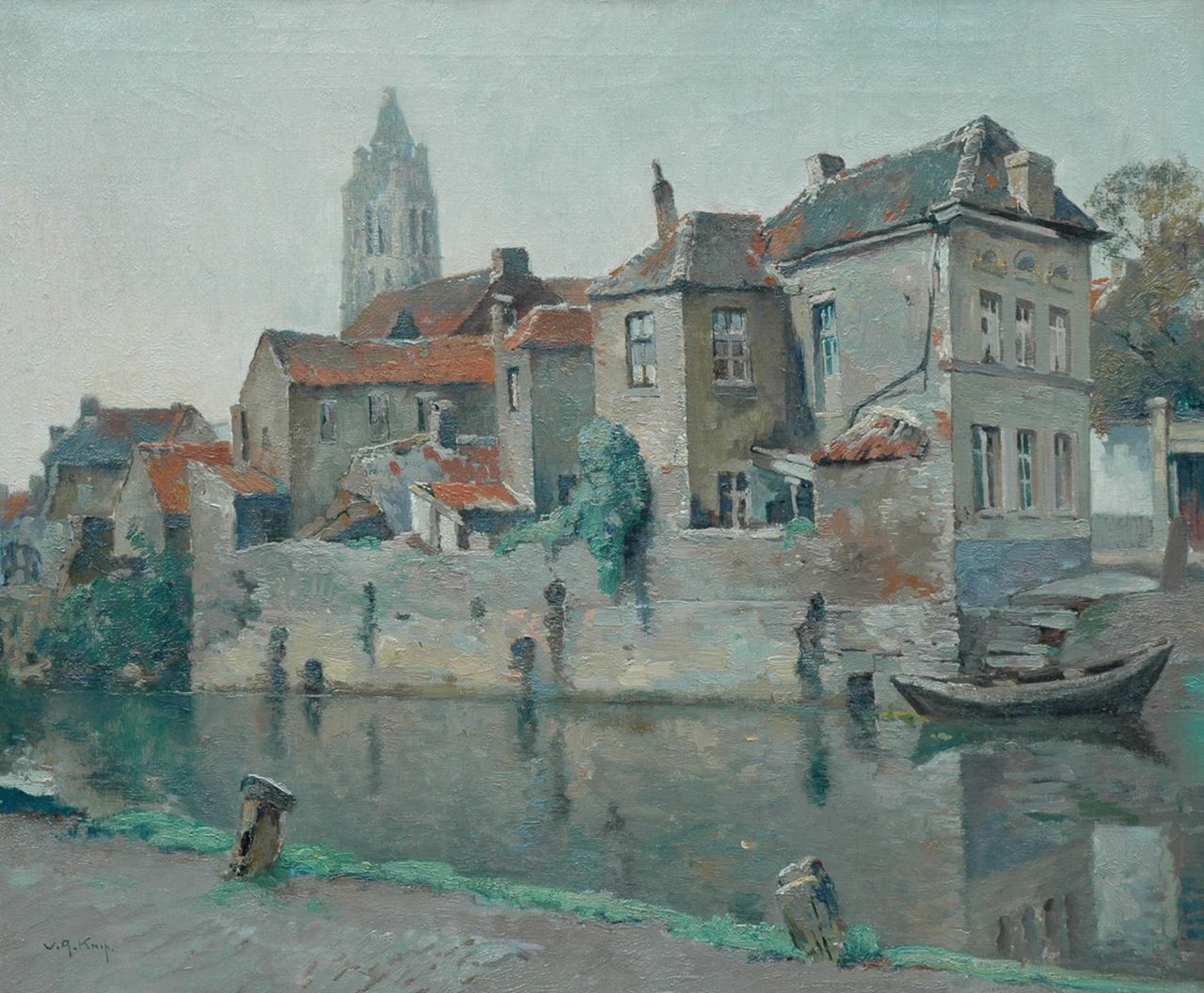 Knip W.A.  | 'Willem' Alexander Knip, De Schelde ter hoogte van de Smallendam met zicht op de Walburgakerk, Oudenaarde, olieverf op doek 51,0 x 60,5 cm, gesigneerd linksonder