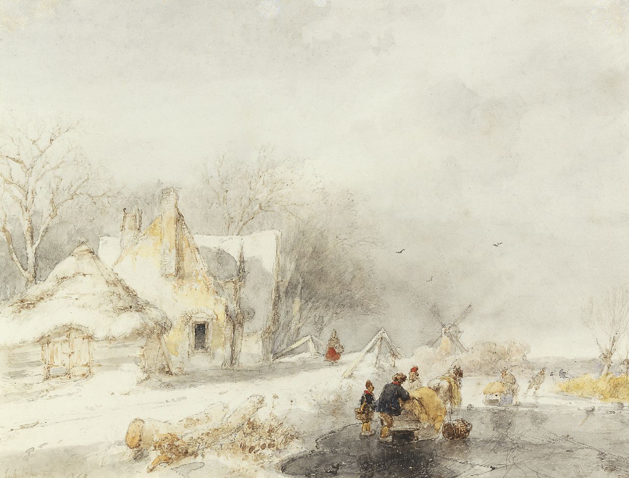Schelfhout A. | Andreas Schelfhout, IJsgezicht, aquarel op papier 20,9 x 26,4 cm, gesigneerd linksonder en gedateerd 1848 Schelfhout A. | Andreas Schelfhout, IJsgezicht, aquarel op papier 20,9 x 26,4 cm, gesigneerd linksonder en gedateerd 1848