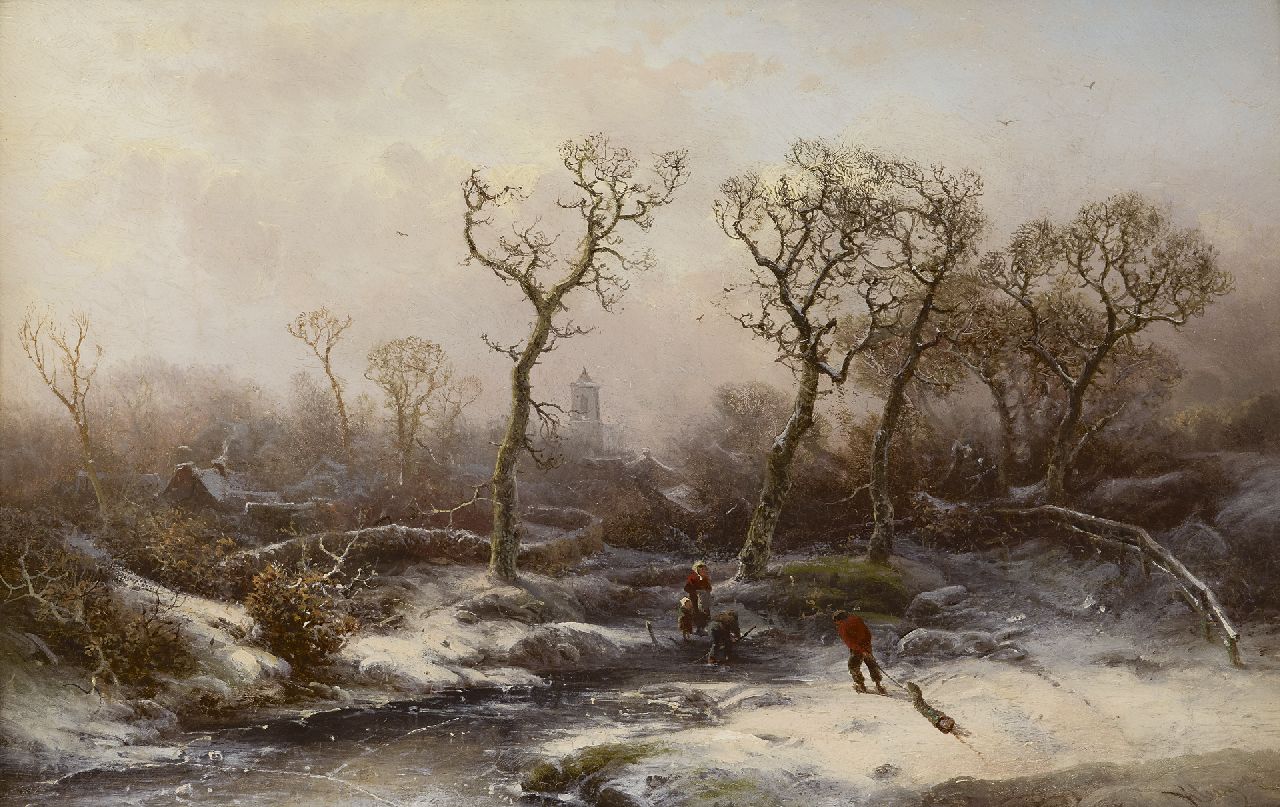 Kluyver P.L.F. | 'Pieter' Lodewijk Francisco Kluyver | Schilderijen te koop aangeboden | Winterlandschap met houtsprokkelaars, olieverf op paneel 30,8 x 47,6 cm, gesigneerd rechtsonder Kluyver P.L.F. | 'Pieter' Lodewijk Francisco Kluyver | Schilderijen te koop aangeboden | Winterlandschap met houtsprokkelaars, olieverf op paneel 30,8 x 47,6 cm, gesigneerd rechtsonder