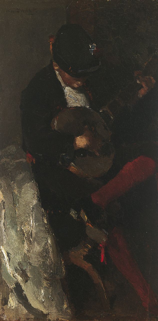 Zwart W.H.P.J. de | Wilhelmus Hendrikus Petrus Johannes 'Willem' de Zwart, Musicerende jongen in Spaans kostuum, olieverf op paneel 42,0 x 21,7 cm, gesigneerd linksboven en te dateren 1889 Zwart W.H.P.J. de | Wilhelmus Hendrikus Petrus Johannes 'Willem' de Zwart, Musicerende jongen in Spaans kostuum, olieverf op paneel 42,0 x 21,7 cm, gesigneerd linksboven en te dateren 1889