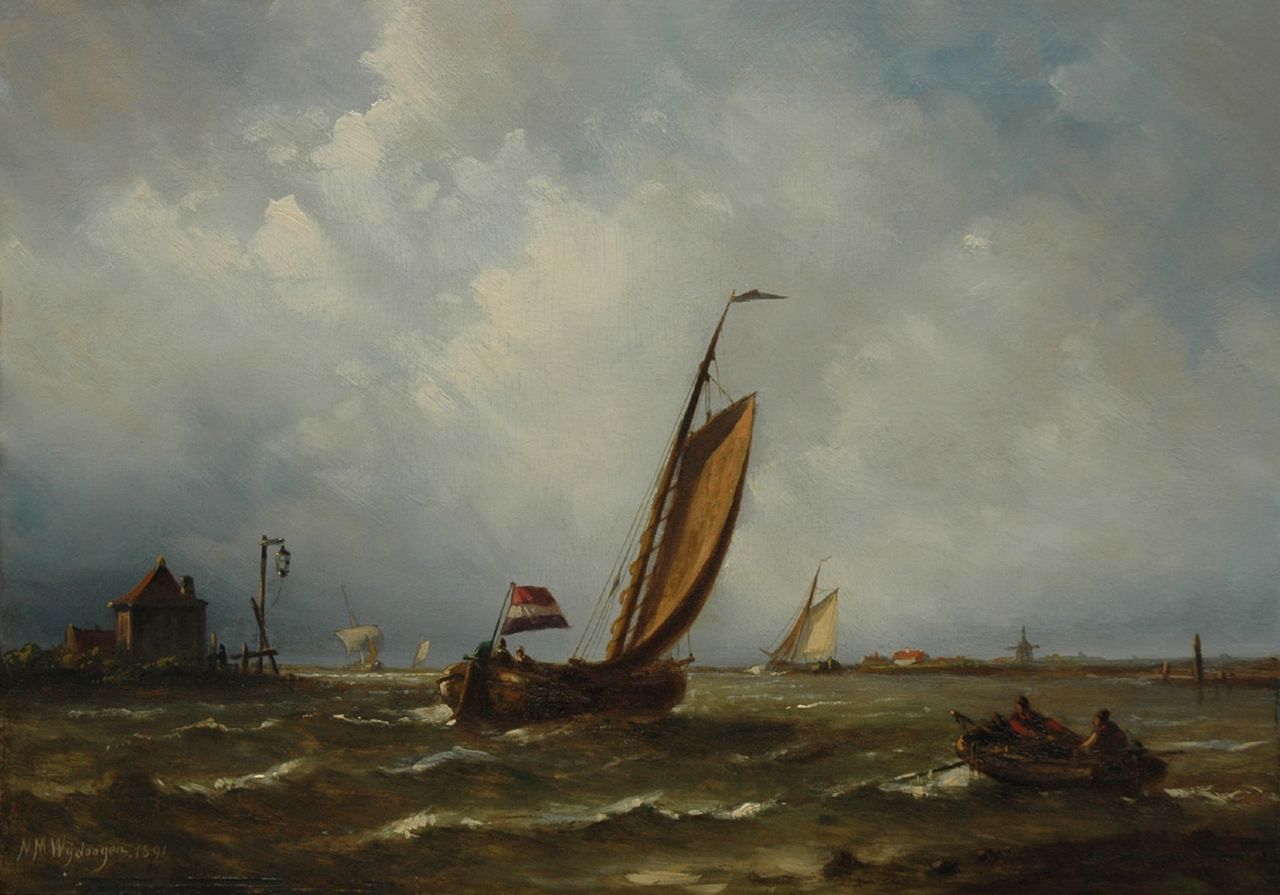 Wijdoogen N.M. | Nicolaas Martinus Wijdoogen, Uitzeilende tjalk, olieverf op paneel 26,0 x 37,0 cm, gesigneerd linksonder en gedateerd 1891 Wijdoogen N.M. | Nicolaas Martinus Wijdoogen, Uitzeilende tjalk, olieverf op paneel 26,0 x 37,0 cm, gesigneerd linksonder en gedateerd 1891