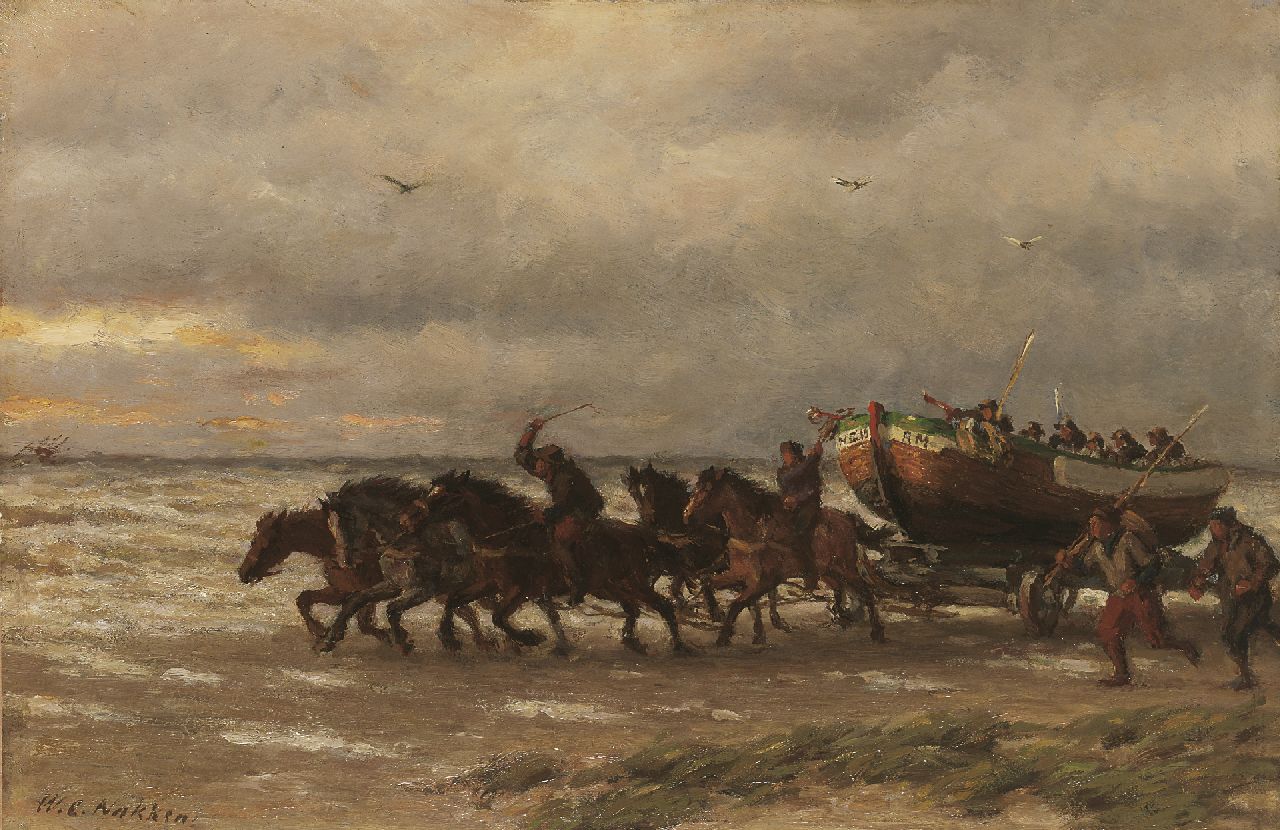 Nakken W.K.  | Willem Karel 'W.C.' Nakken, Uitrukkende sloep van de Noord- en Zuid-Hollandsche Reddingmaatschappij, olieverf op paneel 34,5 x 52,5 cm, gesigneerd linksonder