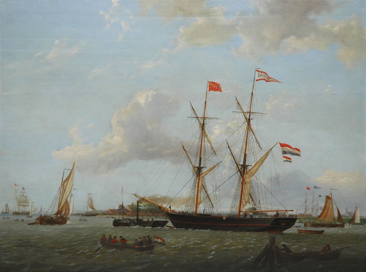 Morel C.J. | Casparus Johannes Morel, De brik Louisa op weg naar open water (pendant van 10880), olieverf op paneel 37,5 x 50,1 cm, gesigneerd rechtsonder en gedateerd 1855 Morel C.J. | Casparus Johannes Morel, De brik Louisa op weg naar open water (pendant van 10880), olieverf op paneel 37,5 x 50,1 cm, gesigneerd rechtsonder en gedateerd 1855