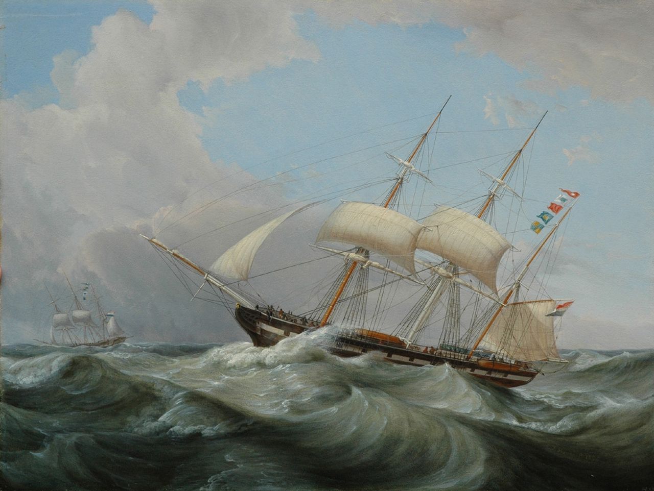 Morel C.J. | Casparus Johannes Morel, Zeilende bark op ruwe zee (pendant van 10879), olieverf op paneel 37,6 x 49,9 cm, gesigneerd rechtsonder en gedateerd 1856 Morel C.J. | Casparus Johannes Morel, Zeilende bark op ruwe zee (pendant van 10879), olieverf op paneel 37,6 x 49,9 cm, gesigneerd rechtsonder en gedateerd 1856