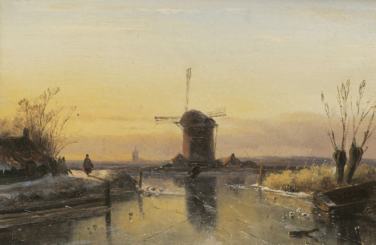 Leickert C.H.J. | 'Charles' Henri Joseph Leickert, Schaatser en wandelaar bij ondergaande zon, olieverf op doek 19,4 x 27,8 cm, te dateren ca. 1848 Leickert C.H.J. | 'Charles' Henri Joseph Leickert, Schaatser en wandelaar bij ondergaande zon, olieverf op doek 19,4 x 27,8 cm, te dateren ca. 1848