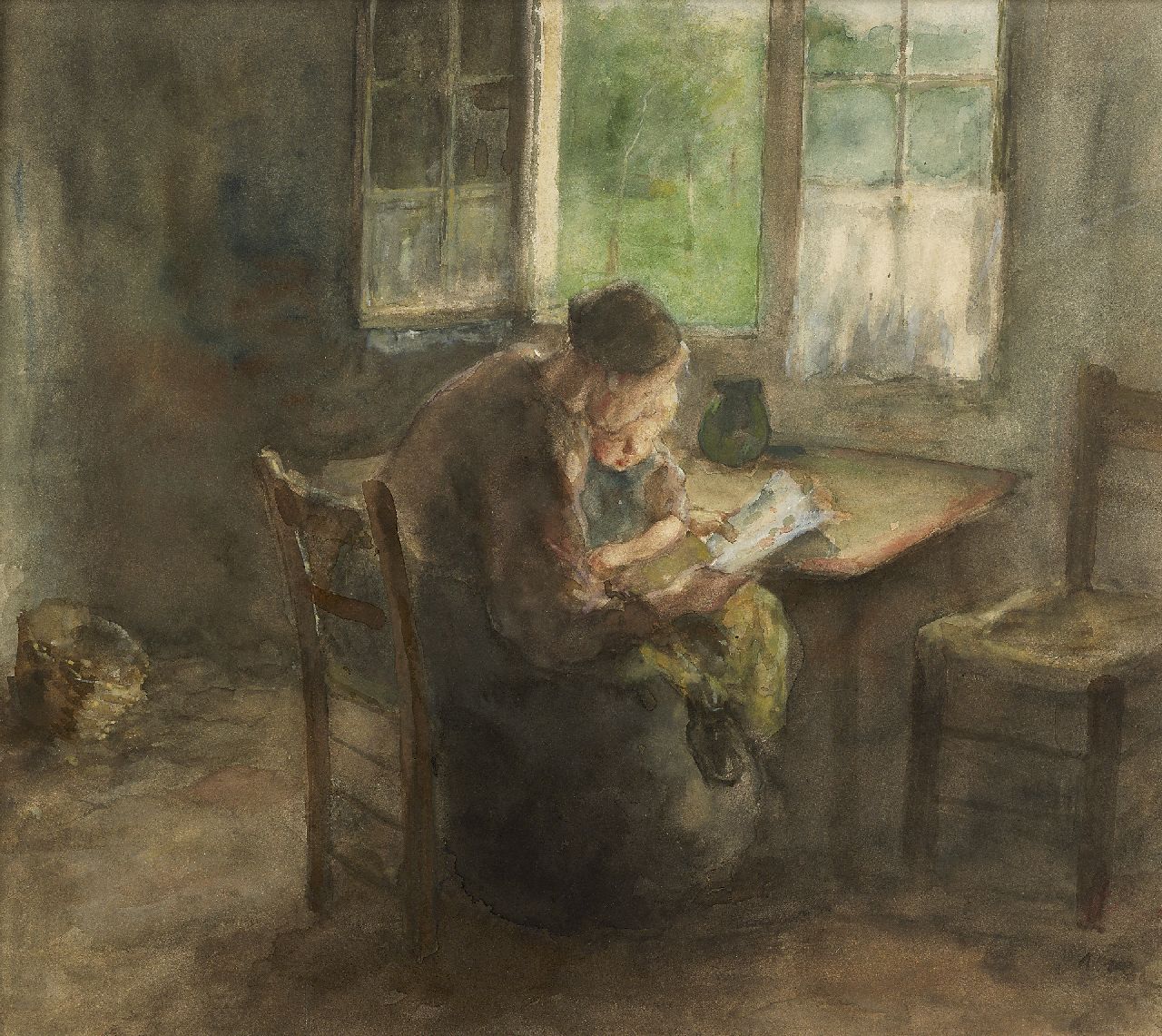 Kever J.S.H.  | Jacob Simon Hendrik 'Hein' Kever, Boekje lezen, aquarel op papier 44,8 x 51,1 cm, gesigneerd rechtsonder