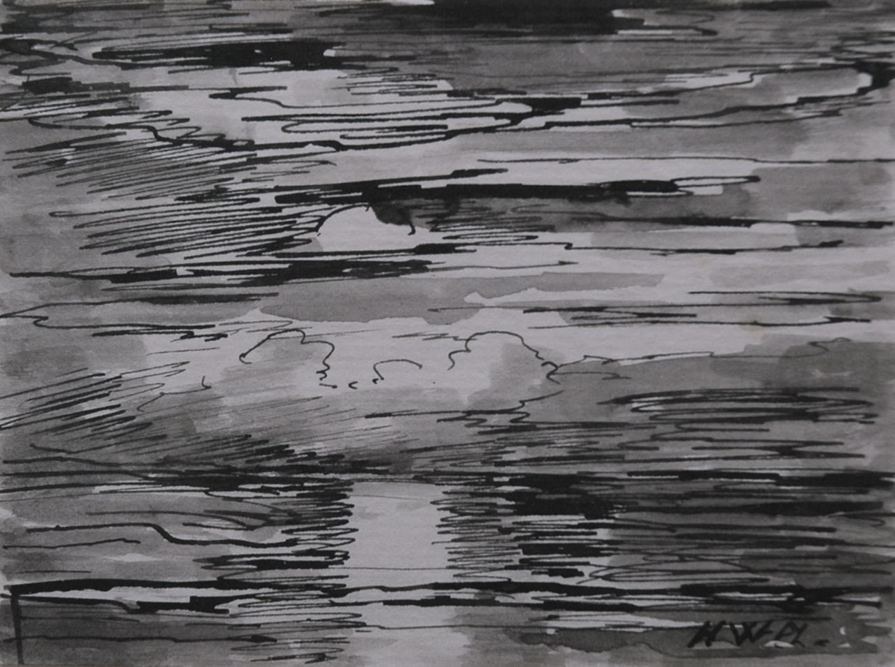 Mesdag H.W. | Hendrik Willem Mesdag, Avondstemming op zee, pen en penseel in zwarte inkt op papier op karton 8,7 x 11,2 cm, gesigneerd rechtsonder met initialen Mesdag H.W. | Hendrik Willem Mesdag, Avondstemming op zee, pen en penseel in zwarte inkt op papier op karton 8,7 x 11,2 cm, gesigneerd rechtsonder met initialen