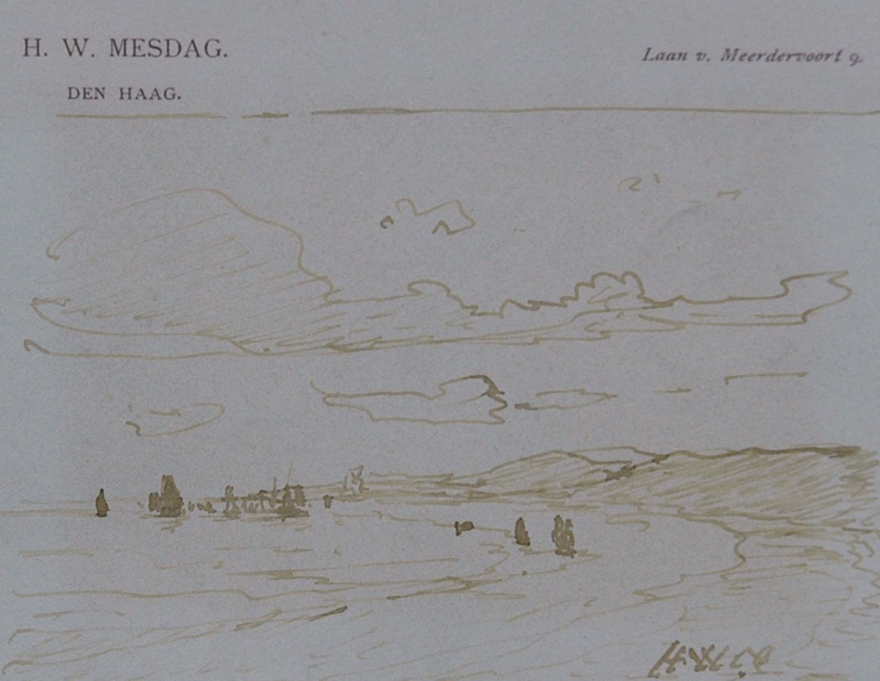 Mesdag H.W. | Hendrik Willem Mesdag, Zicht vanaf het duin, pen in bruine inkt op papier 8,7 x 11,2 cm, gesigneerd rechtsonder met initialen Mesdag H.W. | Hendrik Willem Mesdag, Zicht vanaf het duin, pen in bruine inkt op papier 8,7 x 11,2 cm, gesigneerd rechtsonder met initialen
