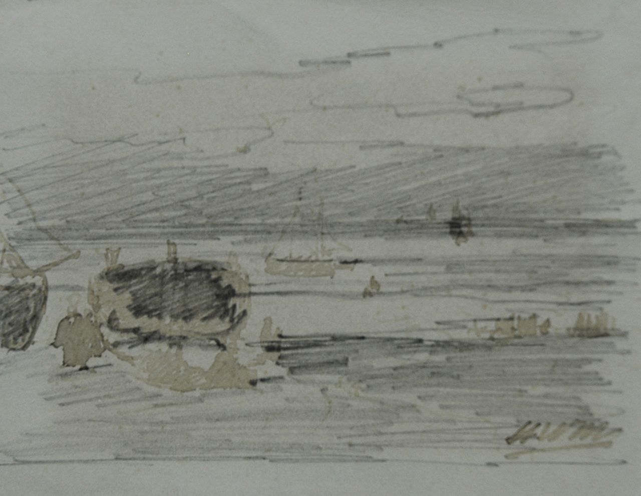 Mesdag H.W. | Hendrik Willem Mesdag, Vissersvolk en bommen op het strand, potlood, pen in bruine inkt op papier 8,7 x 11,2 cm, gesigneerd rechtsonder met initialen Mesdag H.W. | Hendrik Willem Mesdag, Vissersvolk en bommen op het strand, potlood, pen in bruine inkt op papier 8,7 x 11,2 cm, gesigneerd rechtsonder met initialen