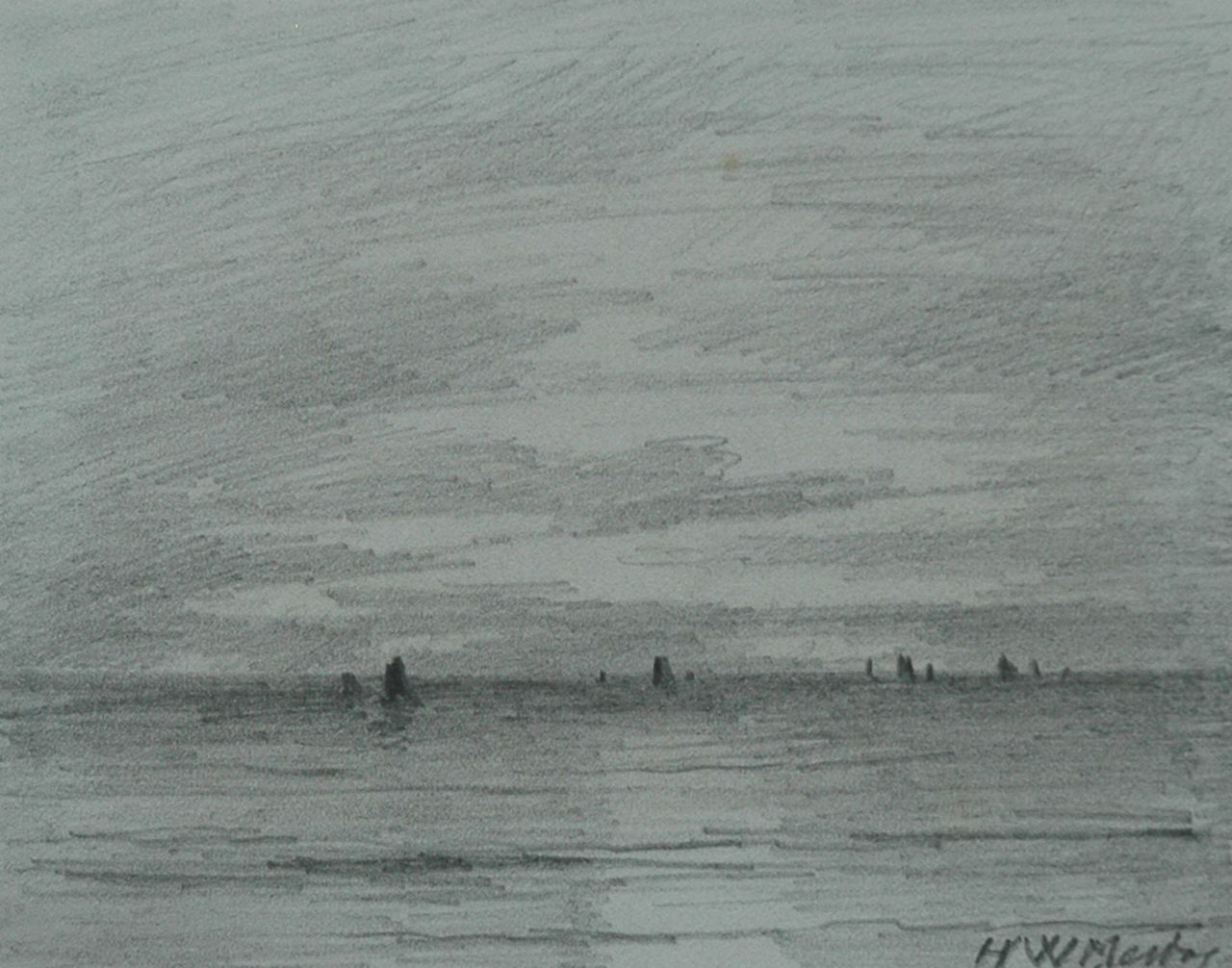 Mesdag H.W. | Hendrik Willem Mesdag, De zee bij Scheveningen, potlood op papier 8,7 x 11,2 cm, gesigneerd rechtsonder en verso en verso gedateerd 'Scheveningen 9 July 1892' Mesdag H.W. | Hendrik Willem Mesdag, De zee bij Scheveningen, potlood op papier 8,7 x 11,2 cm, gesigneerd rechtsonder en verso en verso gedateerd 'Scheveningen 9 July 1892'