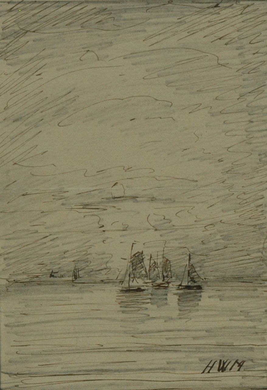 Mesdag H.W. | Hendrik Willem Mesdag, Schepen op zee, potlood, pen in zwarte inkt op papier 13,7 x 9,9 cm, gesigneerd rechtsonder met initialen Mesdag H.W. | Hendrik Willem Mesdag, Schepen op zee, potlood, pen in zwarte inkt op papier 13,7 x 9,9 cm, gesigneerd rechtsonder met initialen