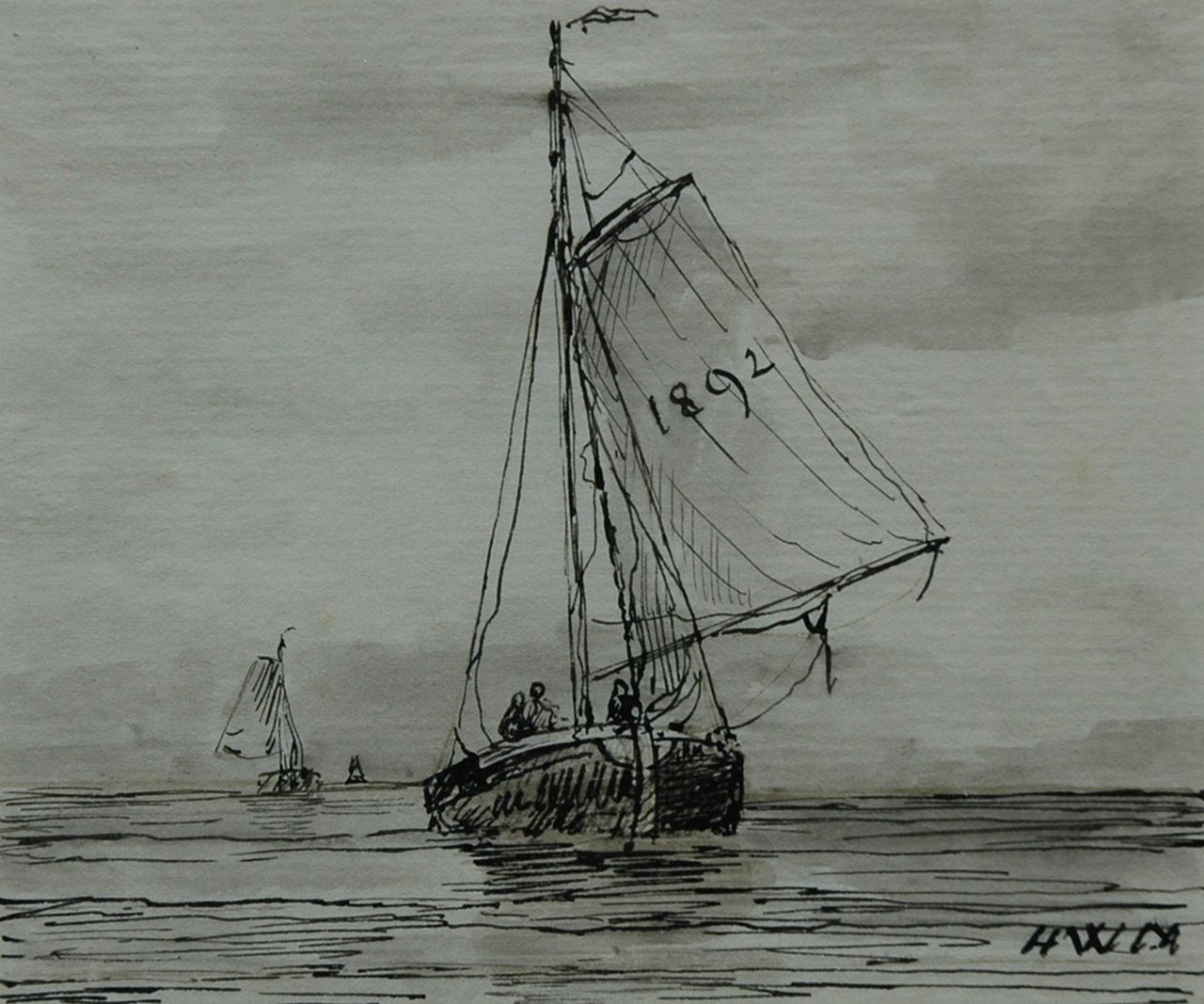 Mesdag H.W. | Hendrik Willem Mesdag, Terugkerende bomschuit, pen en penseel in inkt op papier 9,6 x 11,5 cm, gesigneerd rechtsonder met initialen en gedateerd 1892 op het zeil Mesdag H.W. | Hendrik Willem Mesdag, Terugkerende bomschuit, pen en penseel in inkt op papier 9,6 x 11,5 cm, gesigneerd rechtsonder met initialen en gedateerd 1892 op het zeil