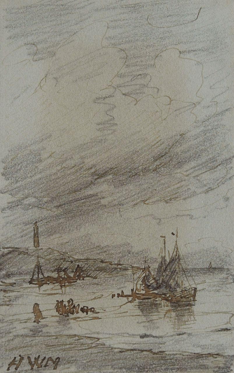 Mesdag H.W. | Hendrik Willem Mesdag, Bomschuiten bij de Scheveningse vuurtoren, potlood, pen in bruine inkt op papier 10,1 x 6,4 cm, gesigneerd linksonder met initialen Mesdag H.W. | Hendrik Willem Mesdag, Bomschuiten bij de Scheveningse vuurtoren, potlood, pen in bruine inkt op papier 10,1 x 6,4 cm, gesigneerd linksonder met initialen