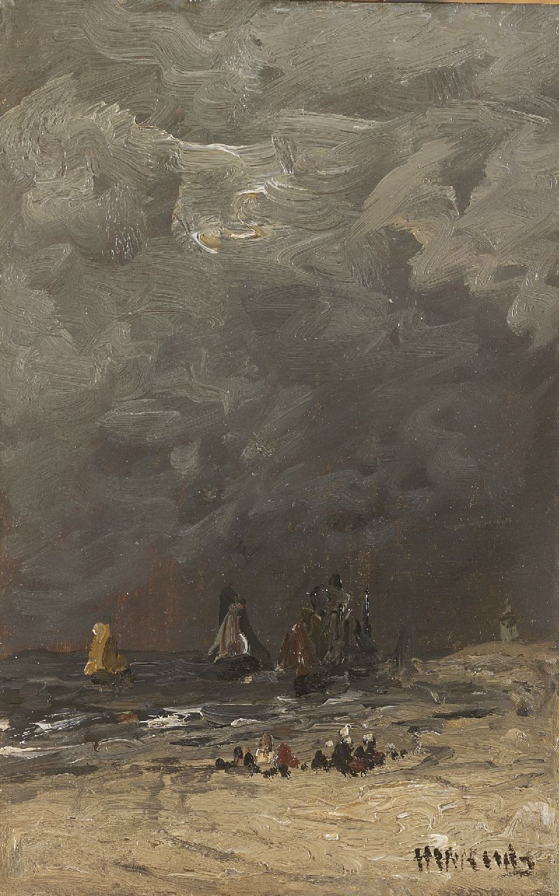 Mesdag H.W. | Hendrik Willem Mesdag, De terugkeer van de vloot, olieverf op paneel 24,7 x 15,7 cm, gesigneerd rechtsonder Mesdag H.W. | Hendrik Willem Mesdag, De terugkeer van de vloot, olieverf op paneel 24,7 x 15,7 cm, gesigneerd rechtsonder