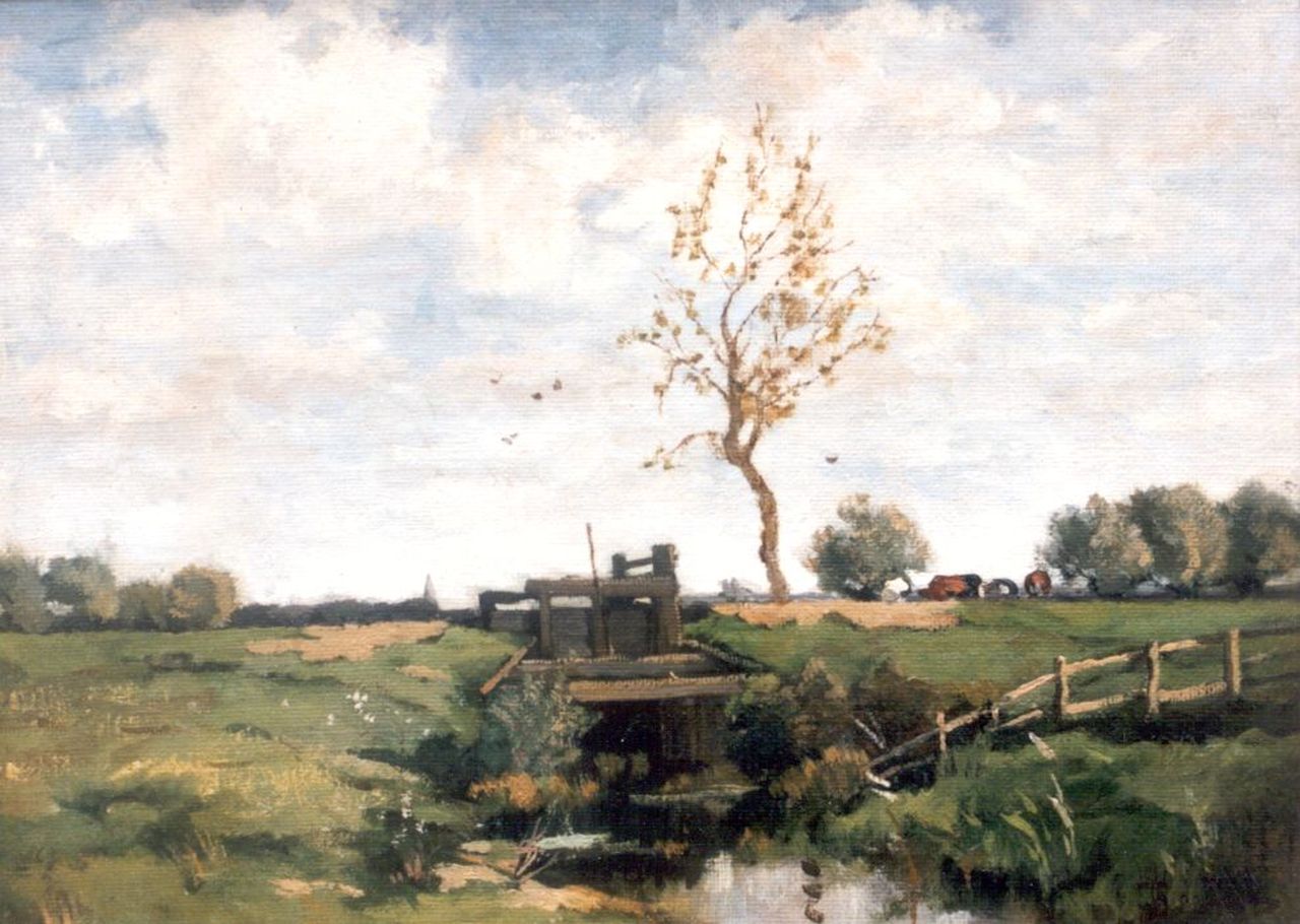Bock T.E.A. de | Théophile Emile Achille de Bock, De sluis, olieverf op doek op paneel 36,5 x 39,5 cm, gesigneerd rechtsonder Bock T.E.A. de | Théophile Emile Achille de Bock, De sluis, olieverf op doek op paneel 36,5 x 39,5 cm, gesigneerd rechtsonder