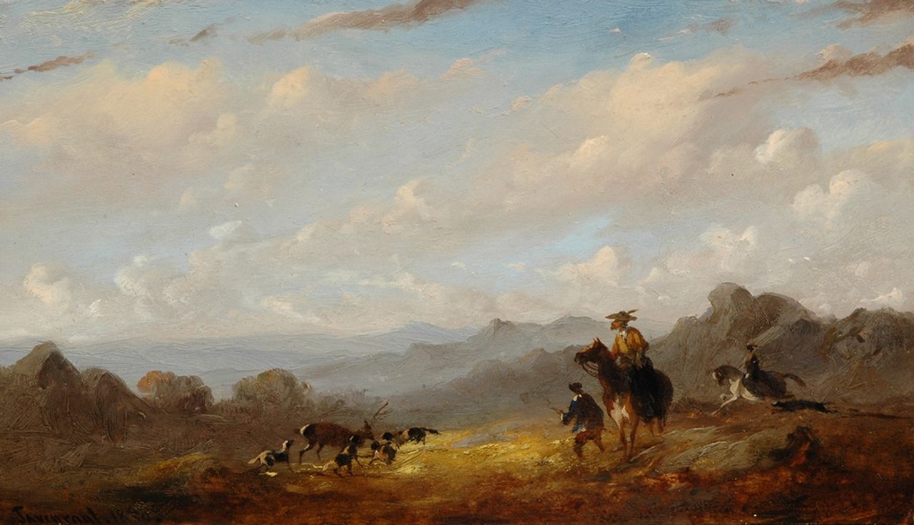 Tavenraat J. | Johannes Tavenraat, Hertenjacht in weids heuvellandschap, olieverf op paneel 14,1 x 24,6 cm, gesigneerd linksonder en gedateerd 1850 Tavenraat J. | Johannes Tavenraat, Hertenjacht in weids heuvellandschap, olieverf op paneel 14,1 x 24,6 cm, gesigneerd linksonder en gedateerd 1850