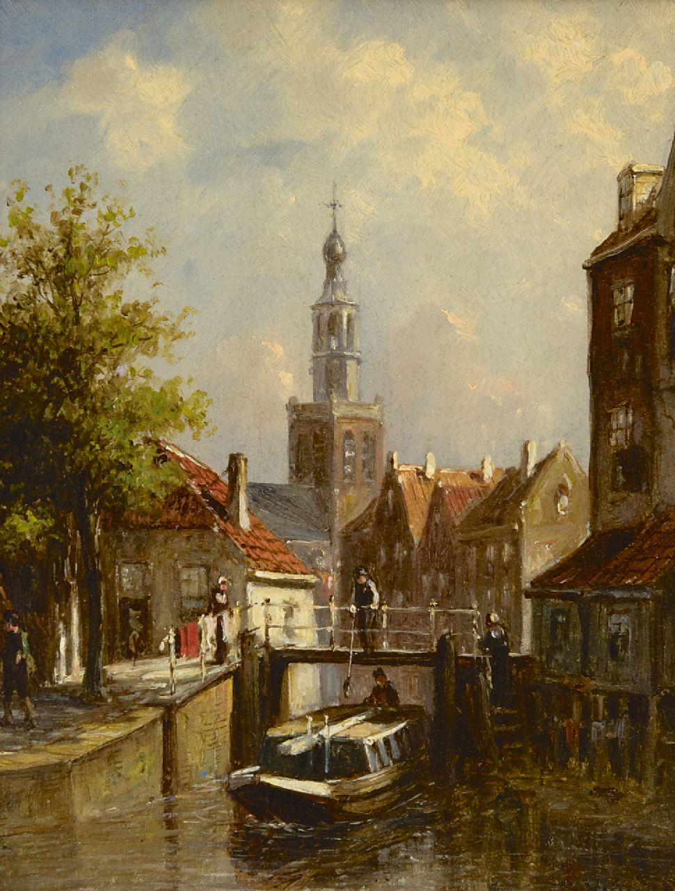Vertin P.G. | Petrus Gerardus Vertin, Zomers stadsgezicht met de St. Janskerk van Gouda, olieverf op paneel 19,3 x 15,4 cm, gesigneerd rechtsonder Vertin P.G. | Petrus Gerardus Vertin, Zomers stadsgezicht met de St. Janskerk van Gouda, olieverf op paneel 19,3 x 15,4 cm, gesigneerd rechtsonder