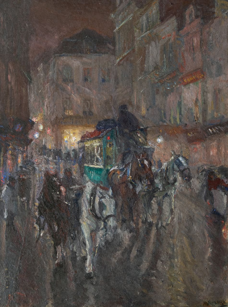 Niekerk M.J. | 'Maurits' Joseph Niekerk, Omnibus in de stad bij avond, olieverf op doek 115,5 x 85,3 cm, gesigneerd rechtsonder en gedateerd 1919 Niekerk M.J. | 'Maurits' Joseph Niekerk, Omnibus in de stad bij avond, olieverf op doek 115,5 x 85,3 cm, gesigneerd rechtsonder en gedateerd 1919