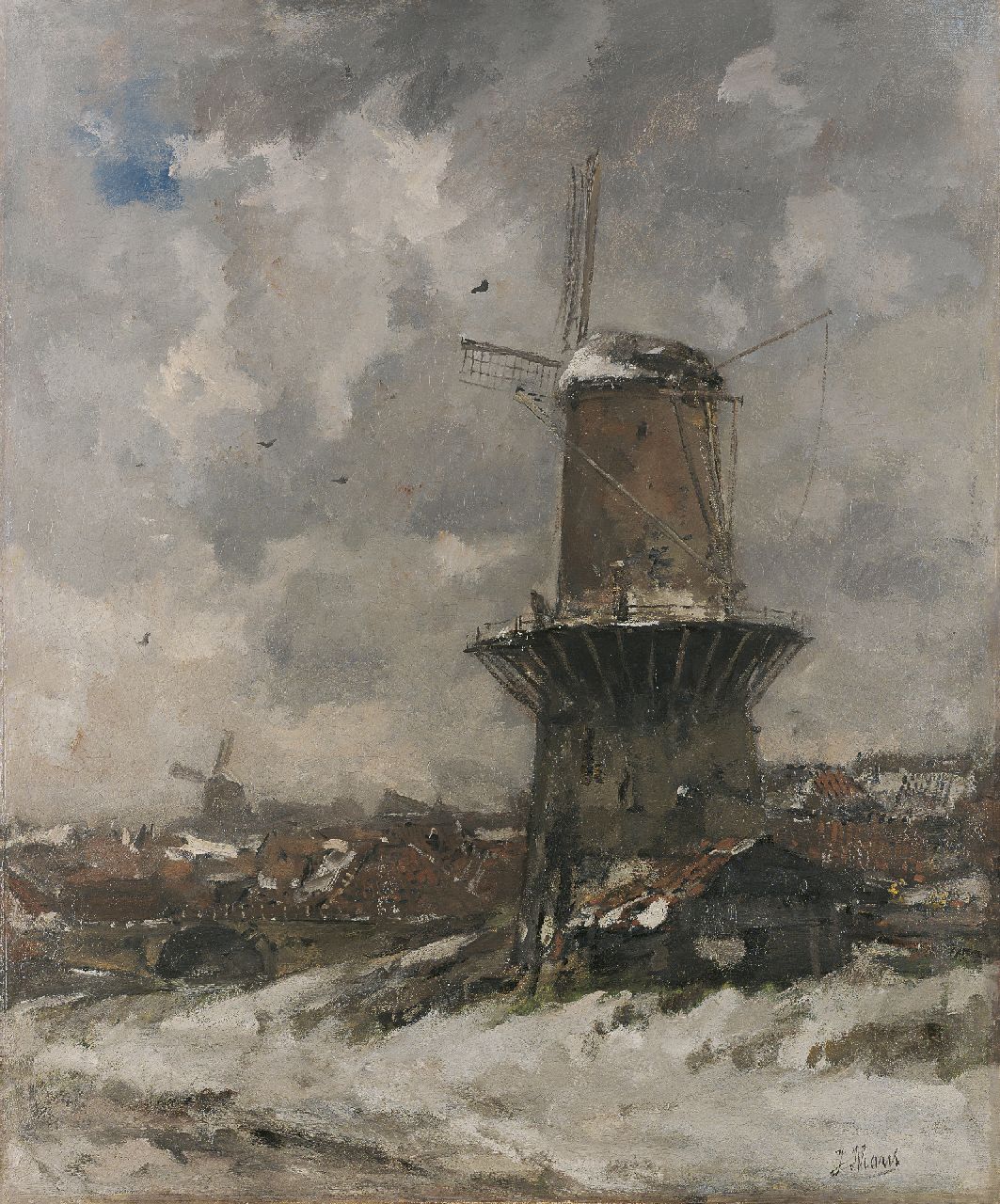 Maris J.H.  | Jacobus Hendricus 'Jacob' Maris, Stellingmolen in de sneeuw, olieverf op doek 111,0 x 93,0 cm, gesigneerd rechtsonder en te dateren 1890
