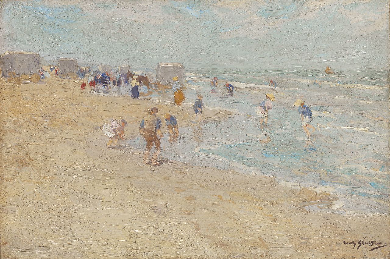Sluiter J.W. | Jan Willem 'Willy' Sluiter, Pootje baden op het strand van Scheveningen, olieverf op doek 30,9 x 45,9 cm, gesigneerd rechtsonder Sluiter J.W. | Jan Willem 'Willy' Sluiter, Pootje baden op het strand van Scheveningen, olieverf op doek 30,9 x 45,9 cm, gesigneerd rechtsonder