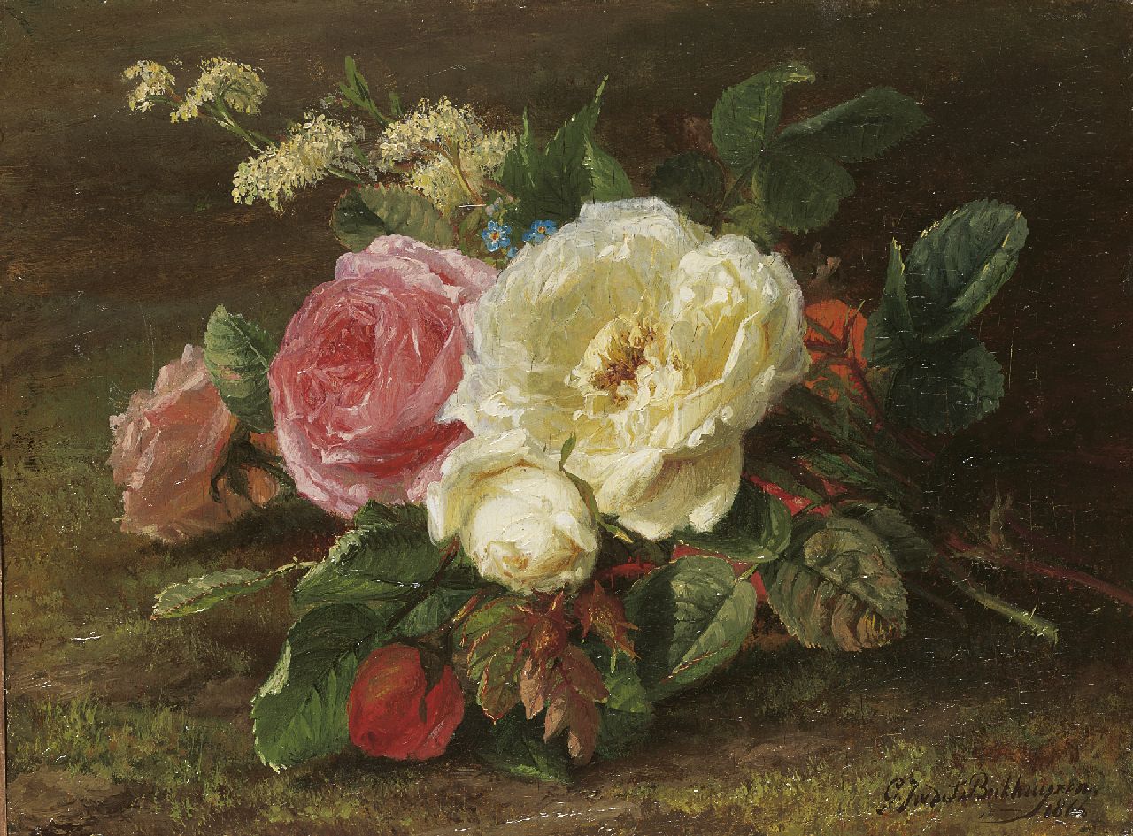 Sande Bakhuyzen G.J. van de | 'Gerardine' Jacoba van de Sande Bakhuyzen, Boeket met rozen op de bosgrond, olieverf op paneel 14,7 x 19,8 cm, gesigneerd rechtsonder en gedateerd 1866 Sande Bakhuyzen G.J. van de | 'Gerardine' Jacoba van de Sande Bakhuyzen, Boeket met rozen op de bosgrond, olieverf op paneel 14,7 x 19,8 cm, gesigneerd rechtsonder en gedateerd 1866