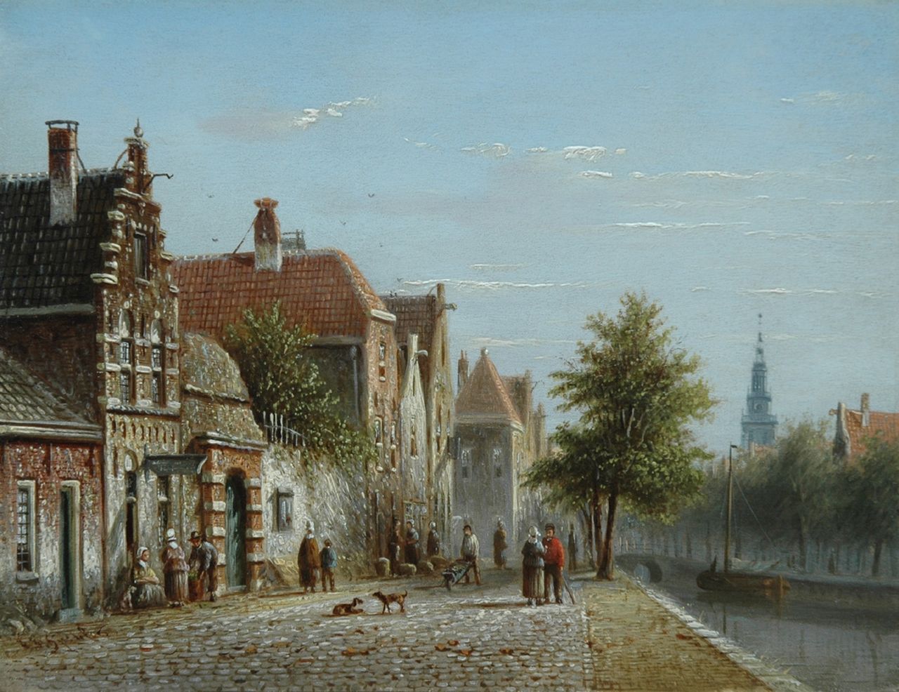 Spohler J.F. | Johannes Franciscus Spohler, Figuren op een kade in een Hollands stadje, olieverf op paneel 15,7 x 20,5 cm, gesigneerd linksonder Spohler J.F. | Johannes Franciscus Spohler, Figuren op een kade in een Hollands stadje, olieverf op paneel 15,7 x 20,5 cm, gesigneerd linksonder