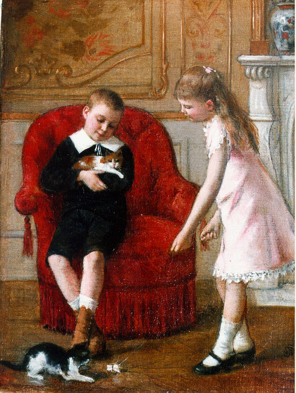 Roosenboom A. | Albert Roosenboom, Spelen met de katjes, olieverf op doek 24,2 x 18,4 cm, gesigneerd rechtsonder monogram en gedateerd '86 Roosenboom A. | Albert Roosenboom, Spelen met de katjes, olieverf op doek 24,2 x 18,4 cm, gesigneerd rechtsonder monogram en gedateerd '86