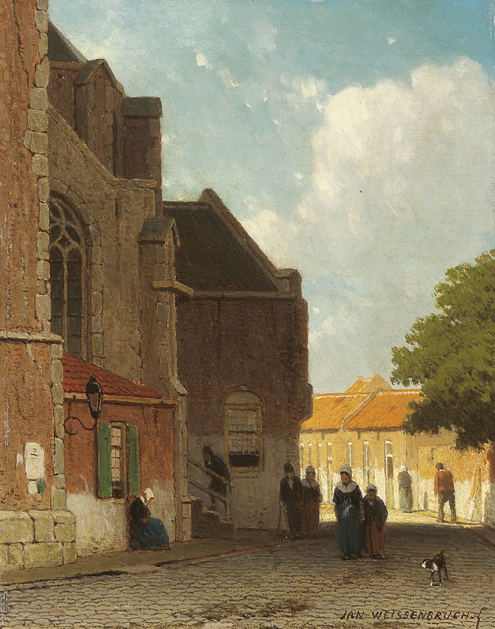 Weissenbruch J.  | Johannes 'Jan' Weissenbruch, Wandelende figuren achter de St.-Joriskerk in Amersfoort, olieverf op paneel 19,0 x 15,1 cm, gesigneerd rechtsonder