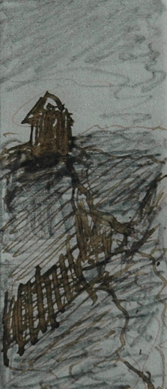 Mesdag H.W. | Hendrik Willem Mesdag, Uitkijkpost in de duinen (pendant van 10945), potlood, pen in zwarte inkt op papier 6,3 x 2,4 cm Mesdag H.W. | Hendrik Willem Mesdag, Uitkijkpost in de duinen (pendant van 10945), potlood, pen in zwarte inkt op papier 6,3 x 2,4 cm