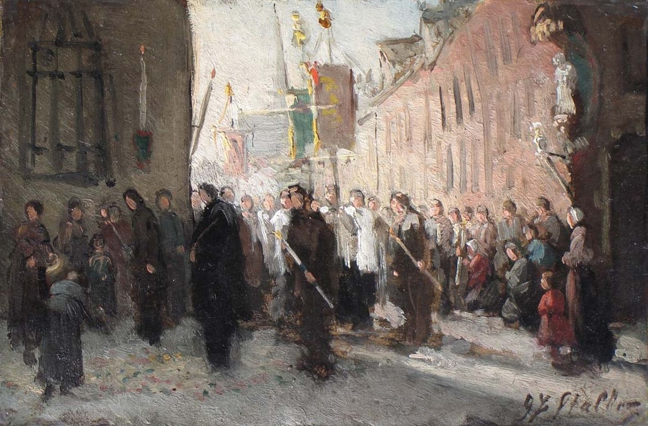 Staller G.J.  | Gerard Johan Staller, Processie met vaandeldragers, olieverf op karton op paneel 15,6 x 22,0 cm, gesigneerd rechtsonder