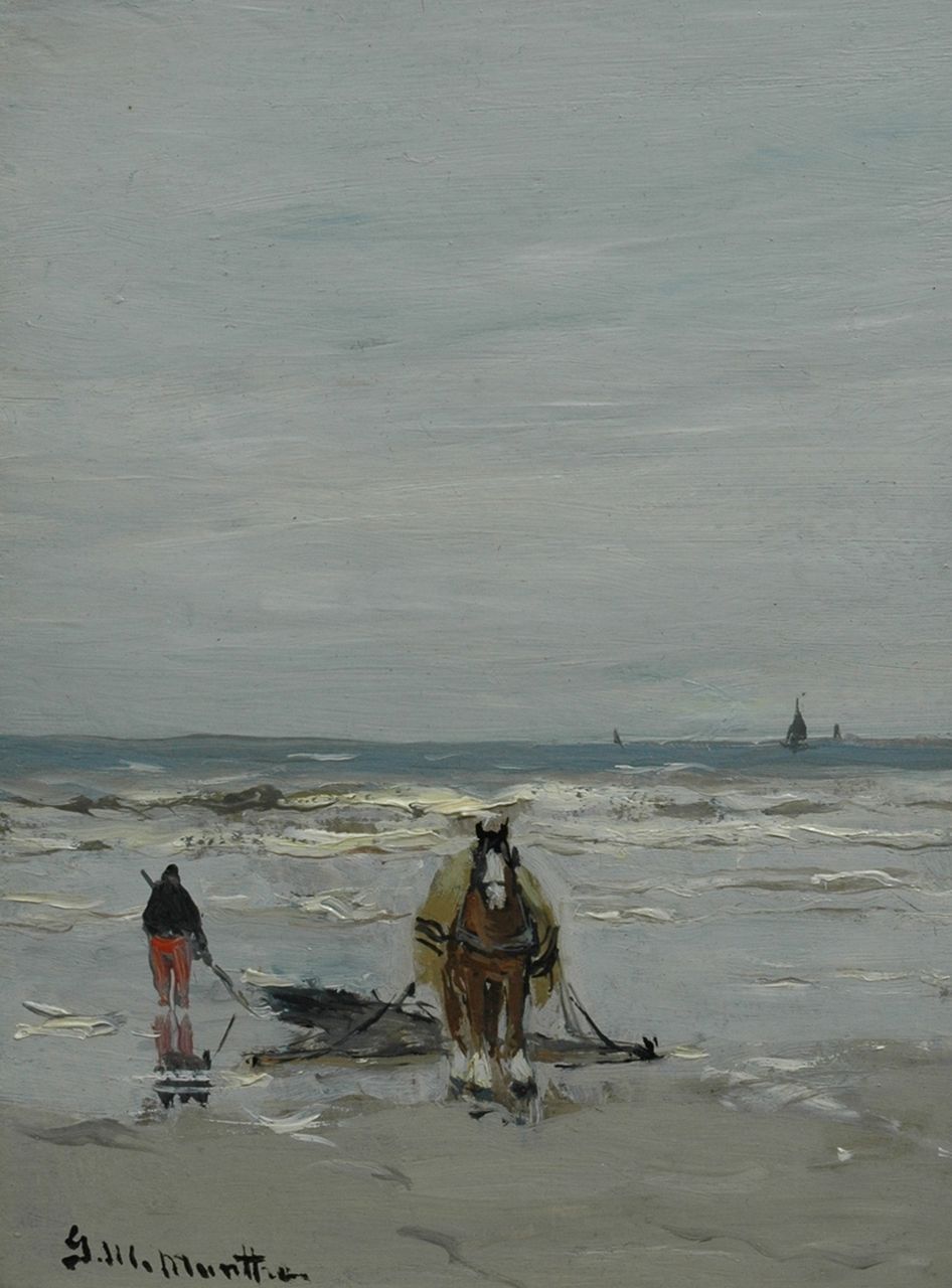Munthe G.A.L.  | Gerhard Arij Ludwig 'Morgenstjerne' Munthe, Schelpenvisser met paard en sleepnet, olieverf op schildersboard 20,0 x 14,9 cm, gesigneerd linksonder en te dateren ca. 1925