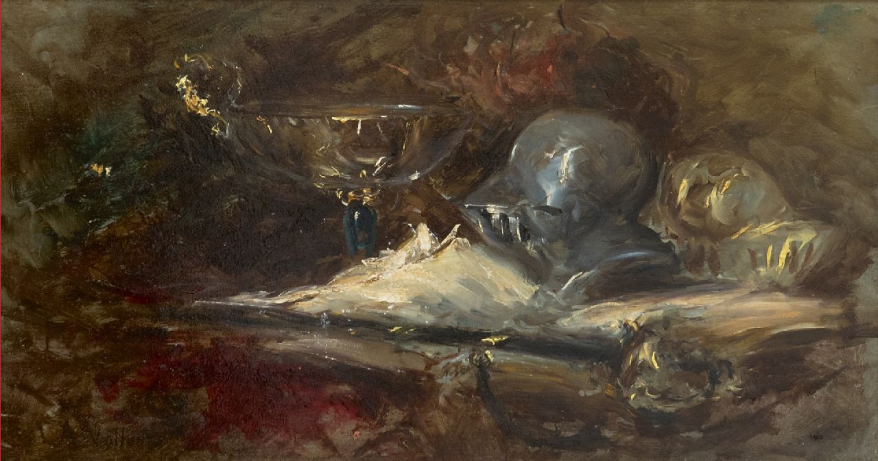 Vollon A.  | Antoine Vollon | Schilderijen te koop aangeboden | Stilleven met helm en zwaard, olieverf op paneel 22,3 x 41,8 cm, gesigneerd linksonder