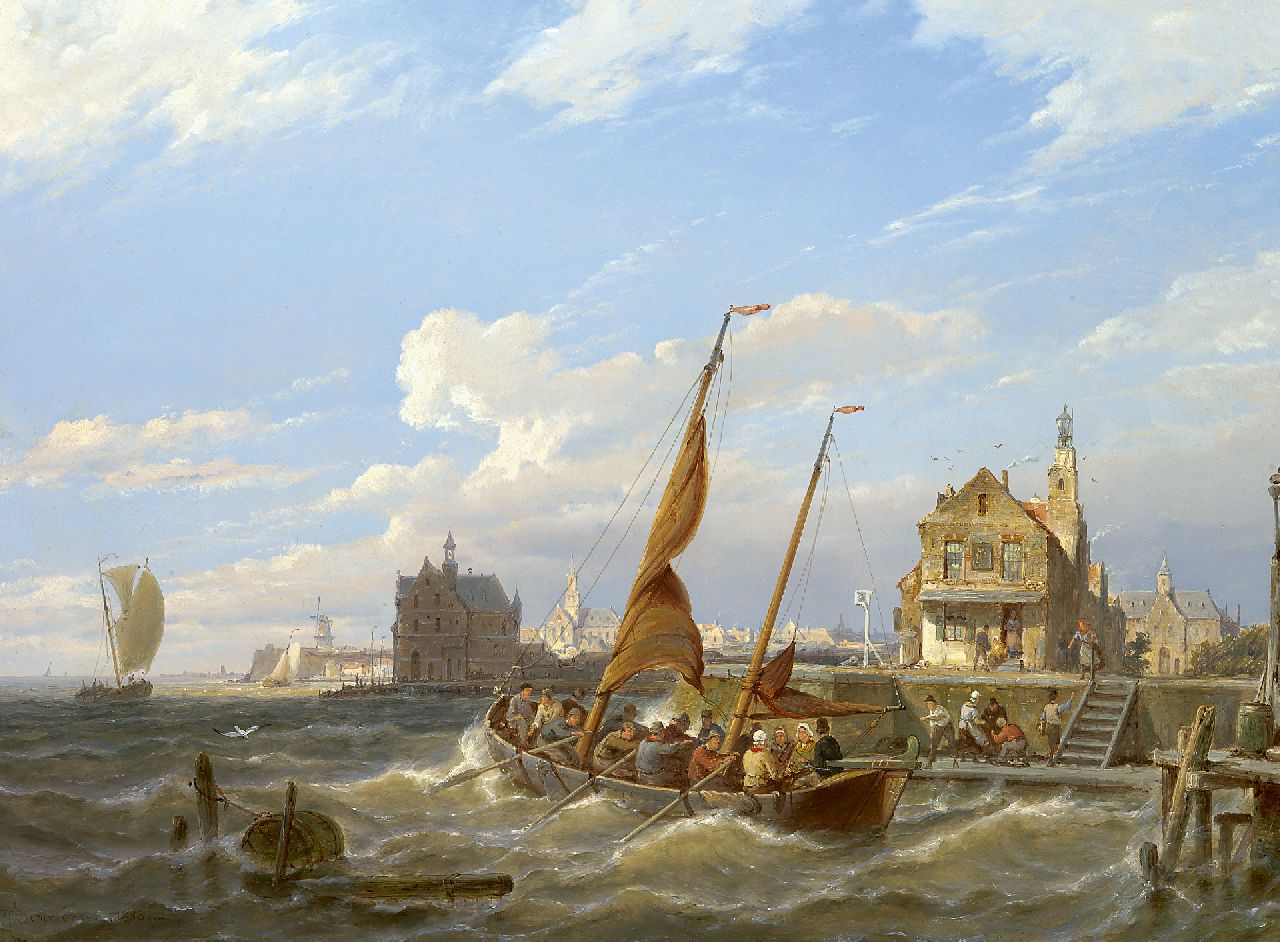 Dommershuijzen P.C. | Pieter Cornelis Dommershuijzen, Vertrekkende veerboot bij ruw weer, olieverf op paneel 42,5 x 61,3 cm, gesigneerd linksonder en gedateerd 1888 Dommershuijzen P.C. | Pieter Cornelis Dommershuijzen, Vertrekkende veerboot bij ruw weer, olieverf op paneel 42,5 x 61,3 cm, gesigneerd linksonder en gedateerd 1888