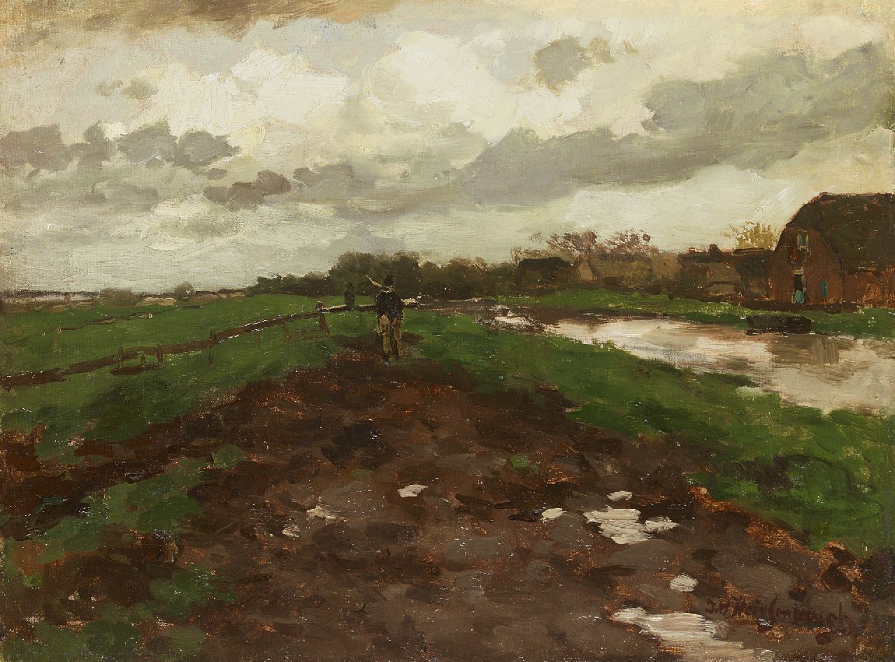 Weissenbruch H.J. | Hendrik Johannes 'J.H.' Weissenbruch, Huiswaarts bij buiig weer, olieverf op doek op paneel 32,9 x 44,1 cm, gesigneerd rechtsonder Weissenbruch H.J. | Hendrik Johannes 'J.H.' Weissenbruch, Huiswaarts bij buiig weer, olieverf op doek op paneel 32,9 x 44,1 cm, gesigneerd rechtsonder
