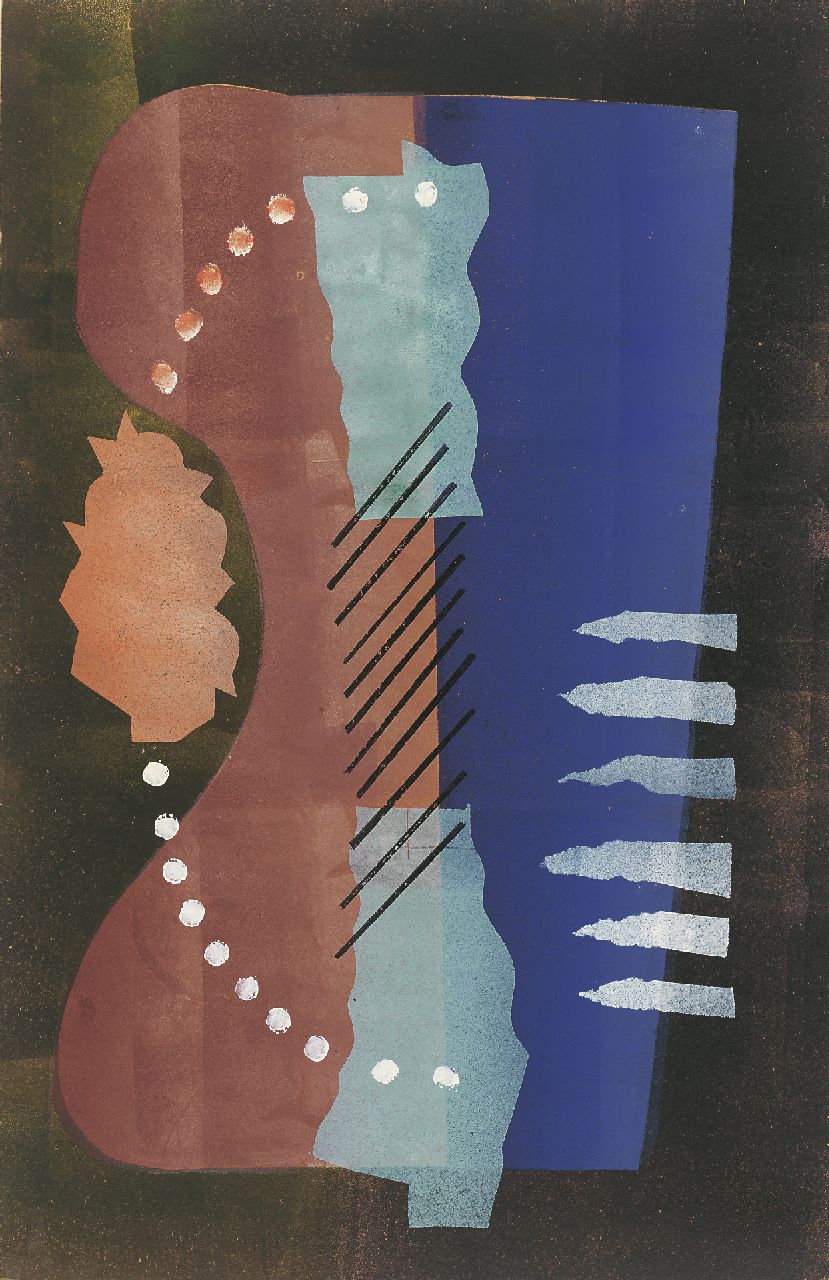 Werkman H.N. | Hendrik Nicolaas Werkman, Compositie, stempel, sjabloon, inktrol en drukinkt op papier 49,9 x 32,2 cm, gedateerd 1944 r.o. Werkman H.N. | Hendrik Nicolaas Werkman, Compositie, stempel, sjabloon, inktrol en drukinkt op papier 49,9 x 32,2 cm, gedateerd 1944 r.o.