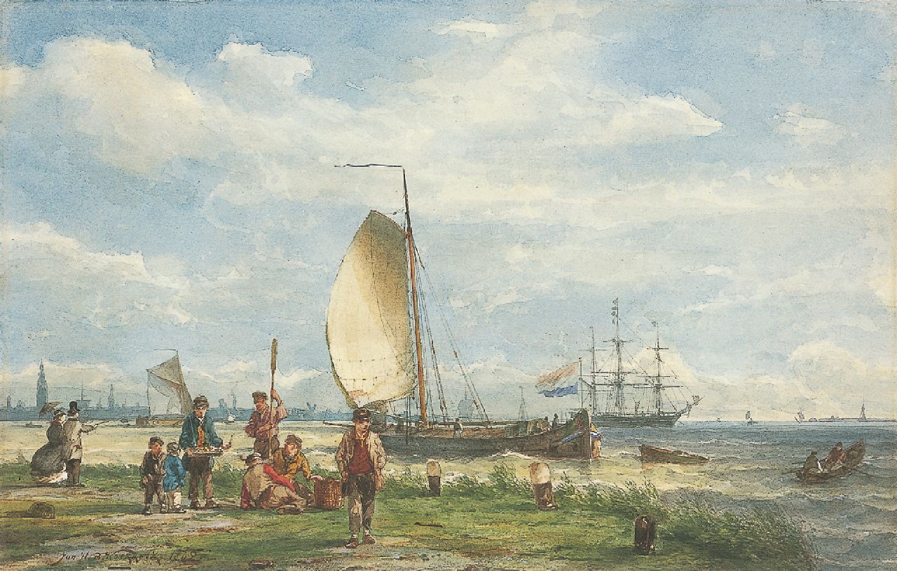 Koekkoek J.H.B. | Johannes Hermanus Barend 'Jan H.B.' Koekkoek, Zeilschepen op het IJ bij Amsterdam, aquarel op papier 22,0 x 34,0 cm, gesigneerd linksonder en gedateerd 1865 Koekkoek J.H.B. | Johannes Hermanus Barend 'Jan H.B.' Koekkoek, Zeilschepen op het IJ bij Amsterdam, aquarel op papier 22,0 x 34,0 cm, gesigneerd linksonder en gedateerd 1865