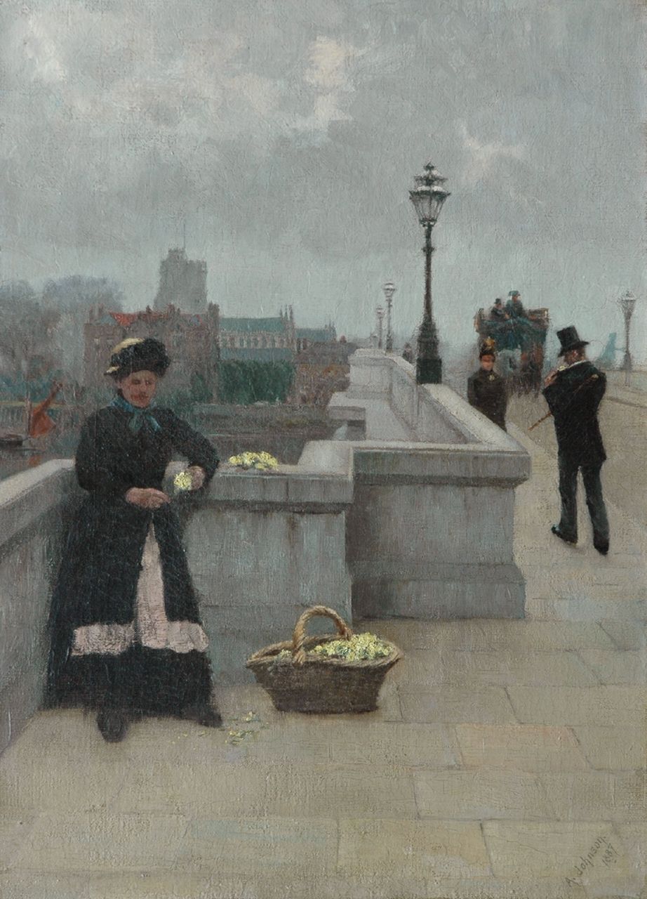 Johnson A. | Alfred Johnson, Bloemenverkoopster op Putney Bridge, Londen, olieverf op doek 45,7 x 33,1 cm, gesigneerd rechtsonder en gedateerd 1887 Johnson A. | Alfred Johnson, Bloemenverkoopster op Putney Bridge, Londen, olieverf op doek 45,7 x 33,1 cm, gesigneerd rechtsonder en gedateerd 1887