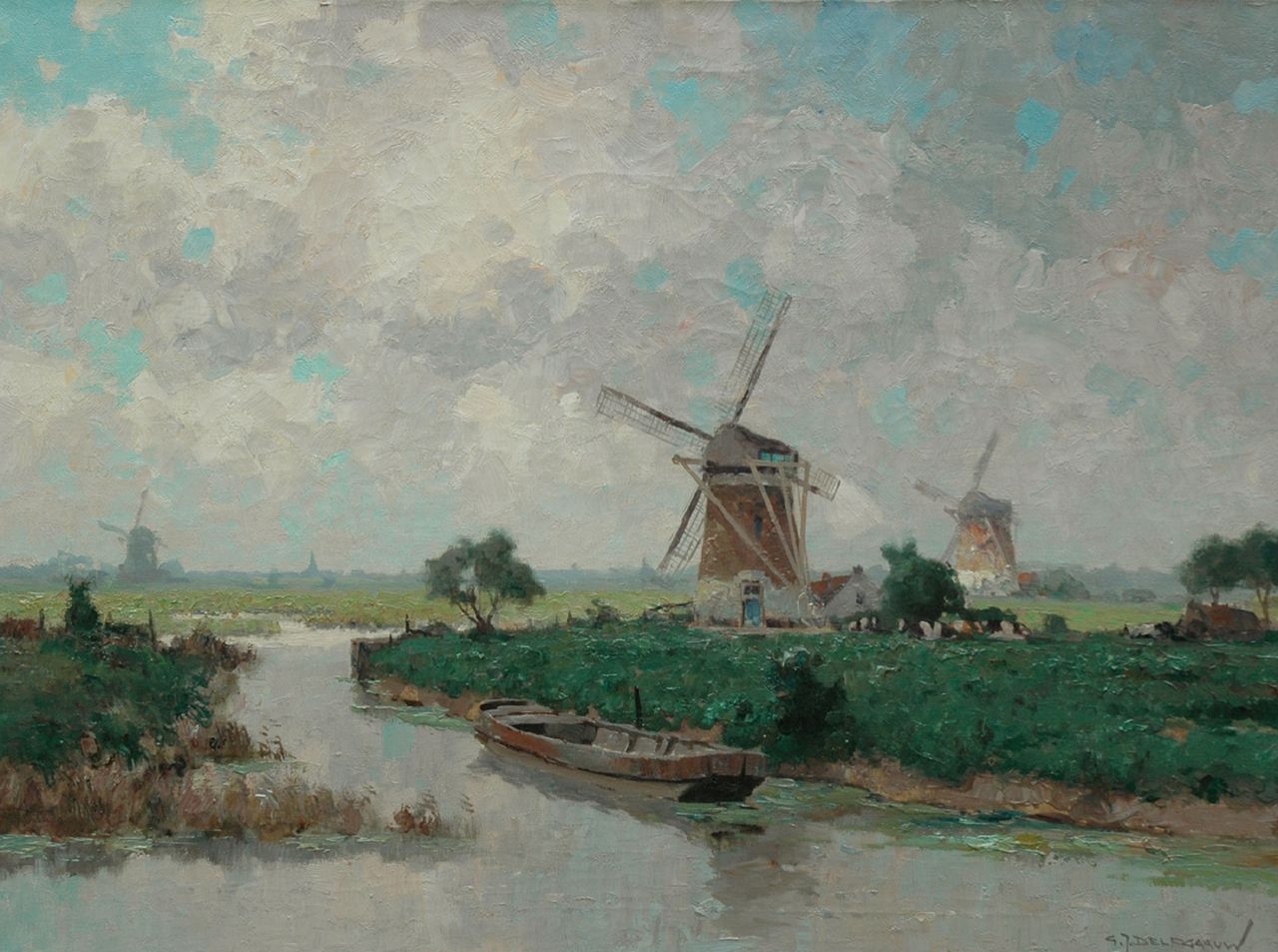 Delfgaauw G.J.  | Gerardus Johannes 'Gerard' Delfgaauw, Molens in een zomers polderlandschap, olieverf op doek 60,2 x 80,4 cm, gesigneerd rechtsonder