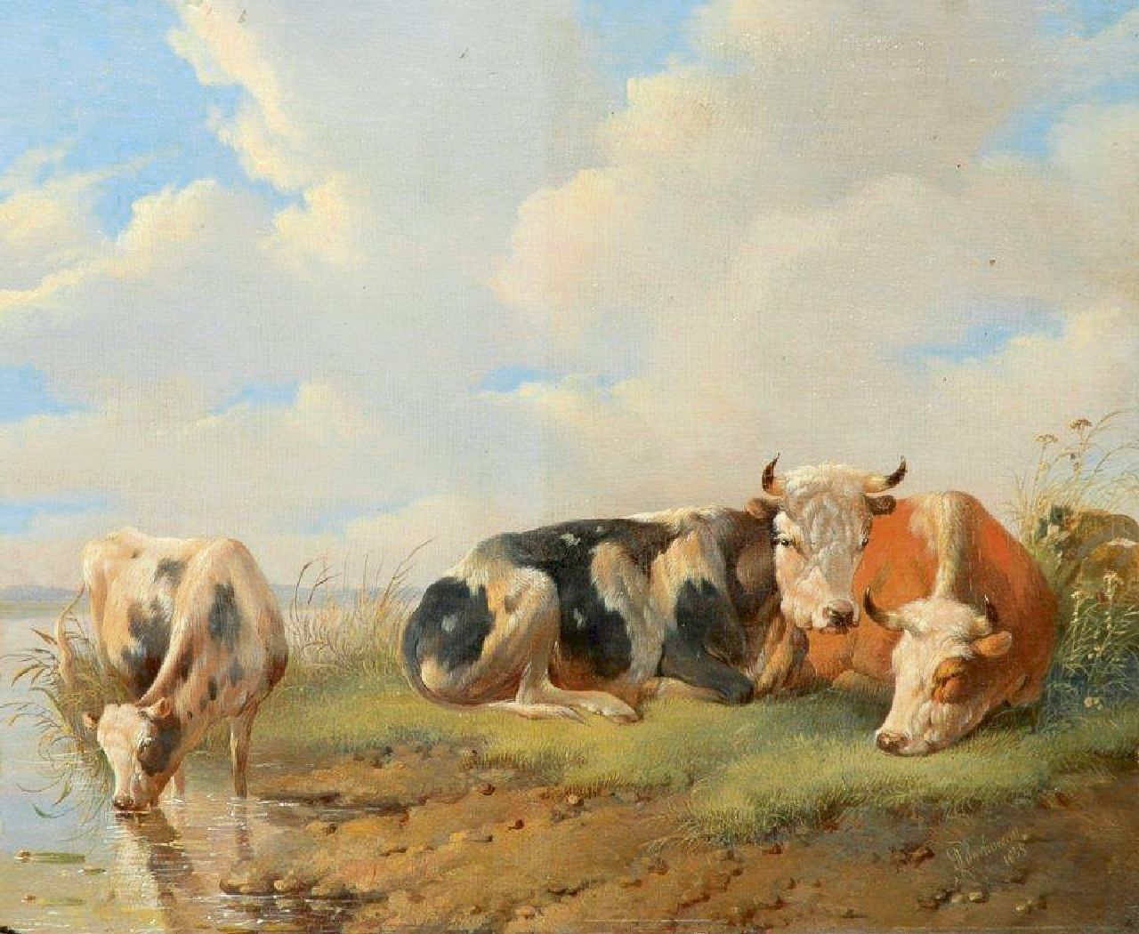 Verhoesen A. | Albertus Verhoesen, Rustend en drinkend vee aan de waterkant, olieverf op paneel 27,8 x 33,7 cm, gesigneerd rechtsonder en gedateerd 1855 Verhoesen A. | Albertus Verhoesen, Rustend en drinkend vee aan de waterkant, olieverf op paneel 27,8 x 33,7 cm, gesigneerd rechtsonder en gedateerd 1855