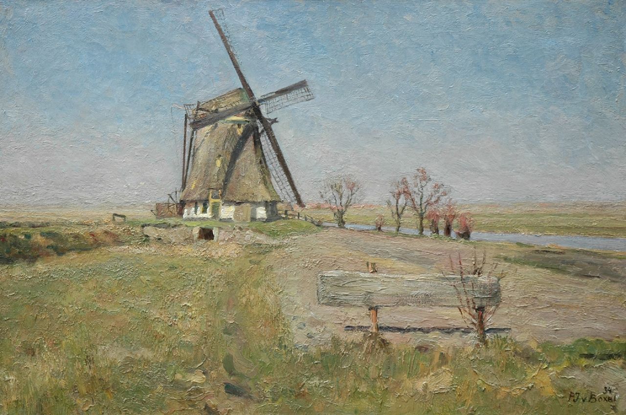 Boxel P.J. van | Pieter Jacobus 'Piet' van Boxel, Molen in polderlandschap, olieverf op doek 60,8 x 90,6 cm, gesigneerd rechtsonder en verso en gedateerd '34 Boxel P.J. van | Pieter Jacobus 'Piet' van Boxel, Molen in polderlandschap, olieverf op doek 60,8 x 90,6 cm, gesigneerd rechtsonder en verso en gedateerd '34