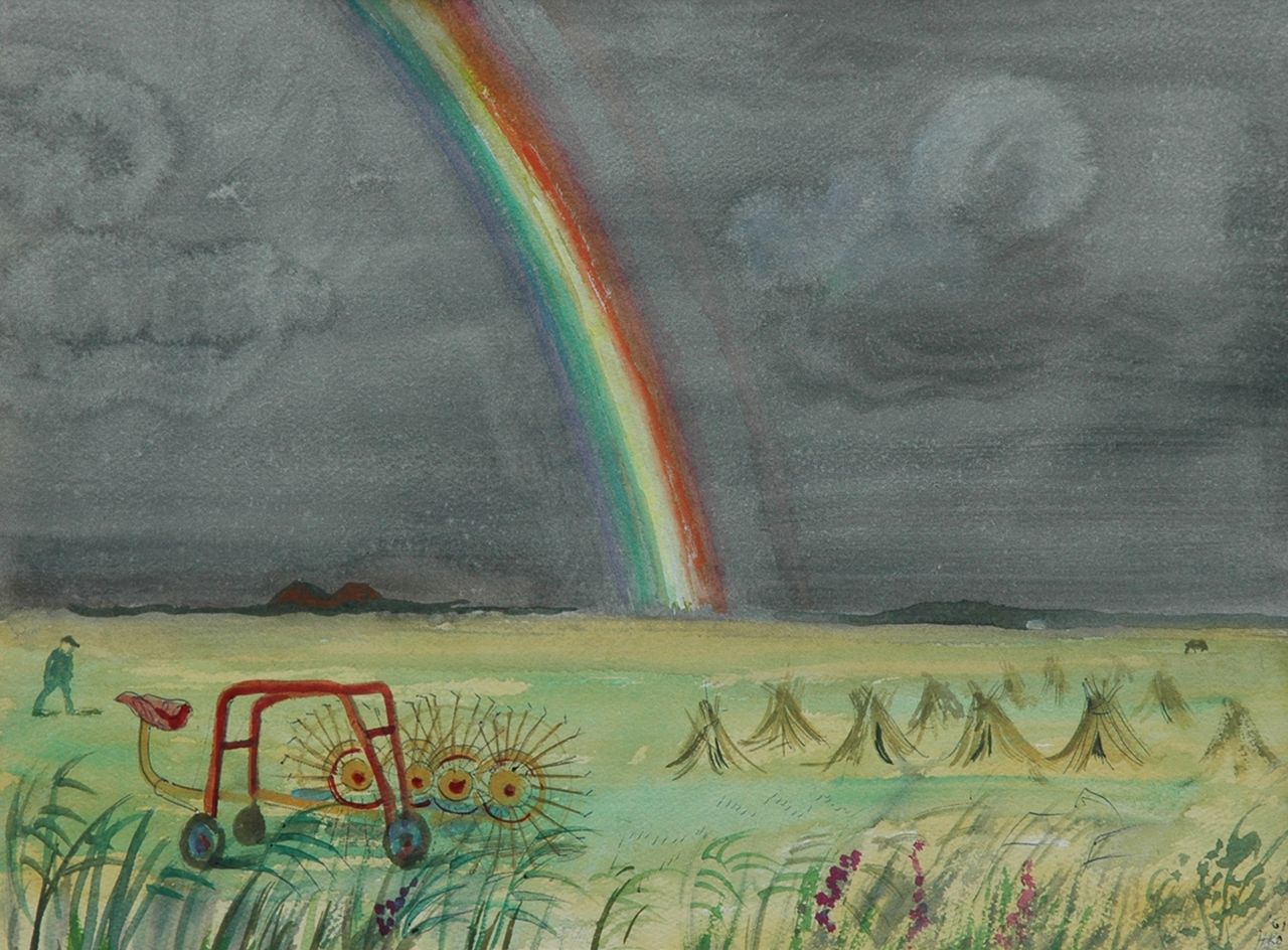 Kamerlingh Onnes H.H. | 'Harm' Henrick Kamerlingh Onnes, Regenboog op Terschelling, aquarel op papier 27,8 x 37,6 cm, gesigneerd rechtsonder met monogram en gedateerd '61 Kamerlingh Onnes H.H. | 'Harm' Henrick Kamerlingh Onnes, Regenboog op Terschelling, aquarel op papier 27,8 x 37,6 cm, gesigneerd rechtsonder met monogram en gedateerd '61