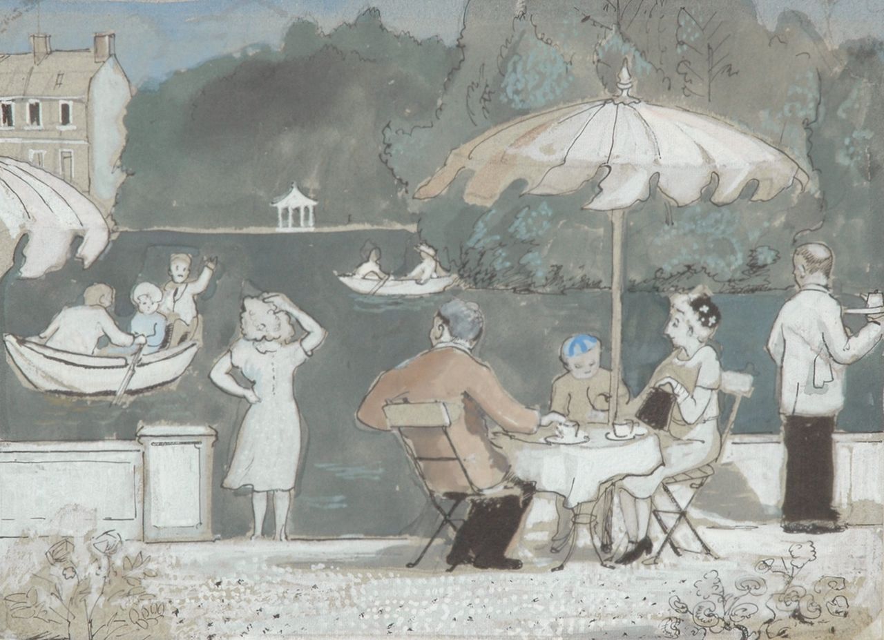 Kamerlingh Onnes H.H. | 'Harm' Henrick Kamerlingh Onnes, Terras aan het water, Valkenburg oude Rijn, nabij Oegstgeest, pen, inkt en aquarel op papier 19,5 x 27,0 cm, te dateren ca. 1960 Kamerlingh Onnes H.H. | 'Harm' Henrick Kamerlingh Onnes, Terras aan het water, Valkenburg oude Rijn, nabij Oegstgeest, pen, inkt en aquarel op papier 19,5 x 27,0 cm, te dateren ca. 1960