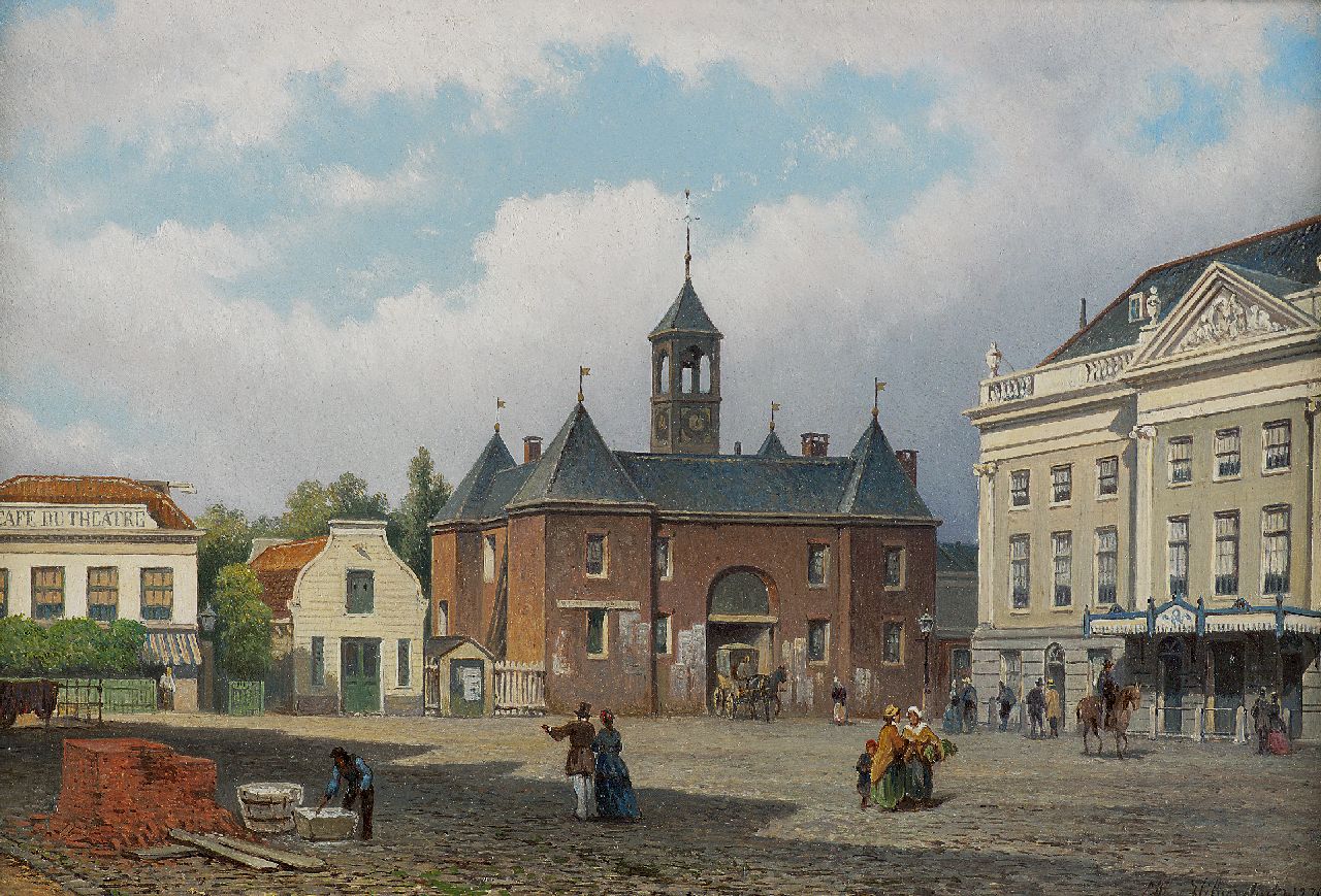 Hilverdink E.A. | Eduard Alexander Hilverdink, Het Leidseplein in Amsterdam met de Leidse Poort en de oude Stadsschouwburg, olieverf op paneel 21,7 x 32,5 cm, gesigneerd rechtsonder en gedateerd 1876 Hilverdink E.A. | Eduard Alexander Hilverdink, Het Leidseplein in Amsterdam met de Leidse Poort en de oude Stadsschouwburg, olieverf op paneel 21,7 x 32,5 cm, gesigneerd rechtsonder en gedateerd 1876