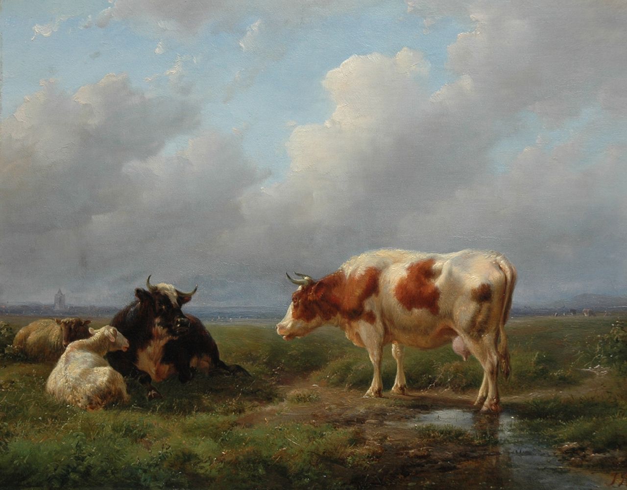 Tom J.B. | Jan Bedijs Tom, Koeien en schapen in de wei, olieverf op paneel 27,6 x 34,8 cm, gesigneerd rechtsonder met initialen Tom J.B. | Jan Bedijs Tom, Koeien en schapen in de wei, olieverf op paneel 27,6 x 34,8 cm, gesigneerd rechtsonder met initialen