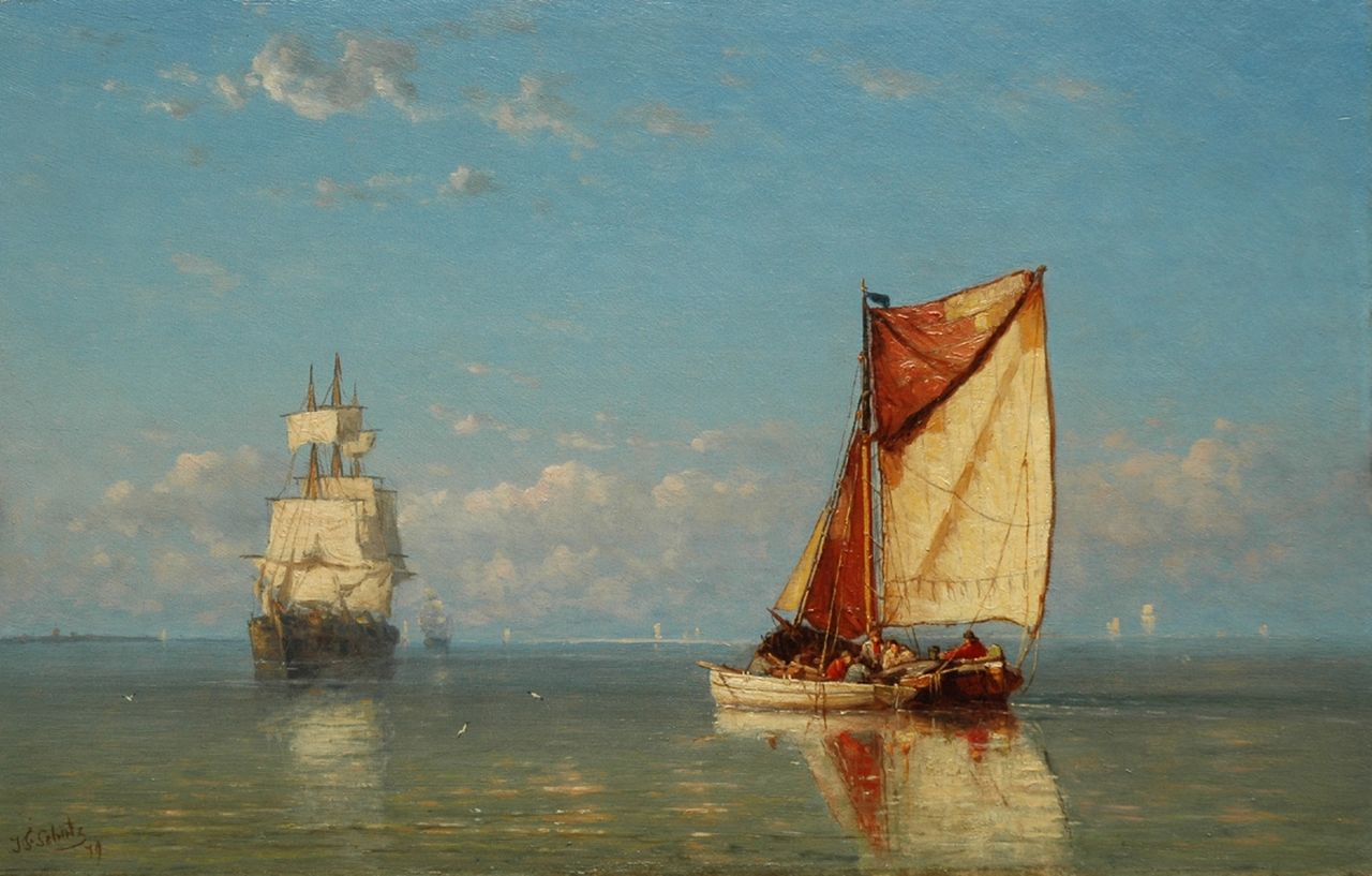 Schütz J.F. | Jan Frederik Schütz, Driemaster en vissersvaartuig op Zeeuwse wateren, olieverf op paneel 32,6 x 50,8 cm, gesigneerd linksonder en gedateerd '79 Schütz J.F. | Jan Frederik Schütz, Driemaster en vissersvaartuig op Zeeuwse wateren, olieverf op paneel 32,6 x 50,8 cm, gesigneerd linksonder en gedateerd '79