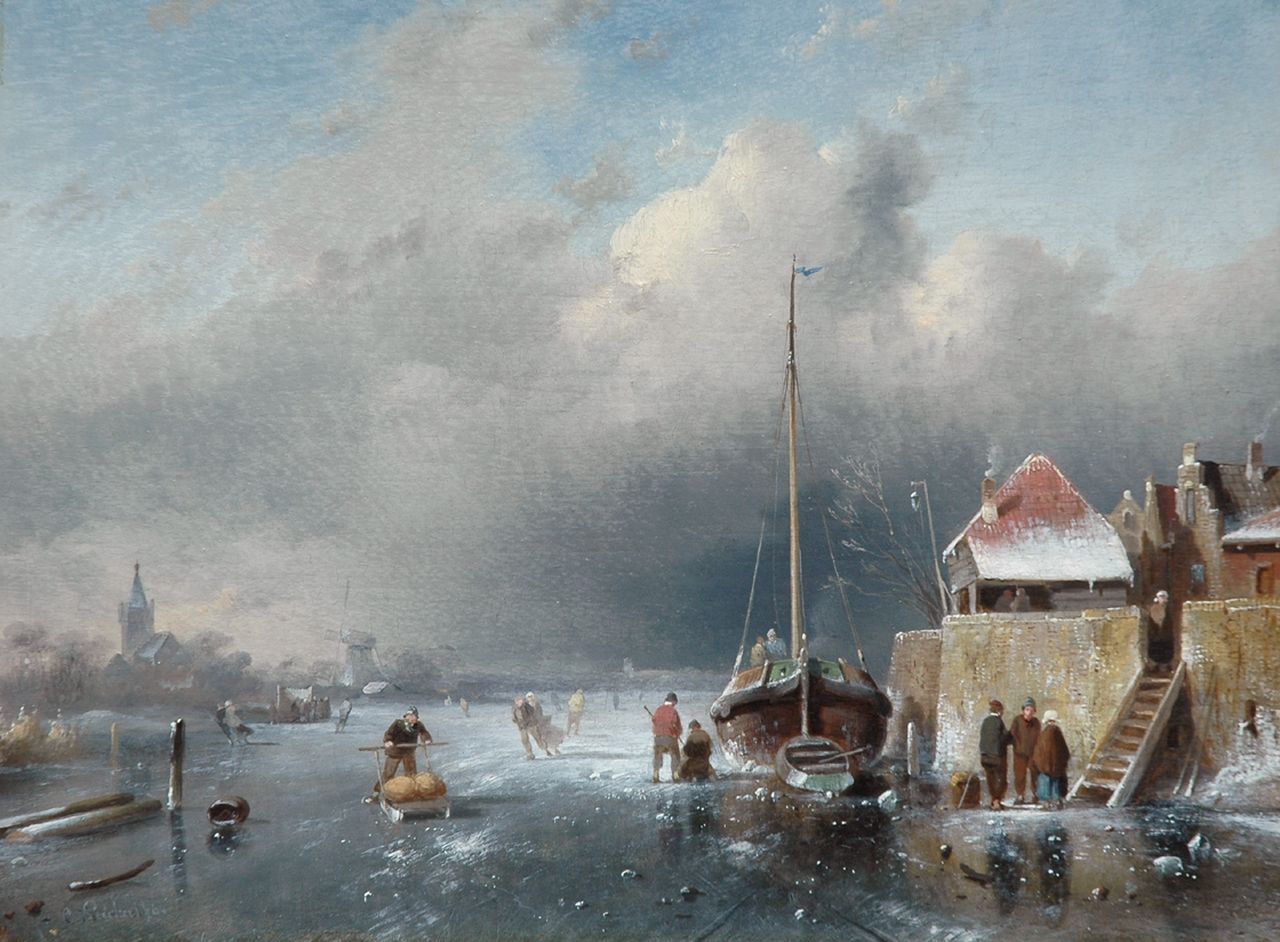 Leickert C.H.J.  | 'Charles' Henri Joseph Leickert, IJsgezicht bij naderende sneeuwstorm, olieverf op paneel 24,2 x 31,2 cm, gesigneerd linksonder en gedateerd '64