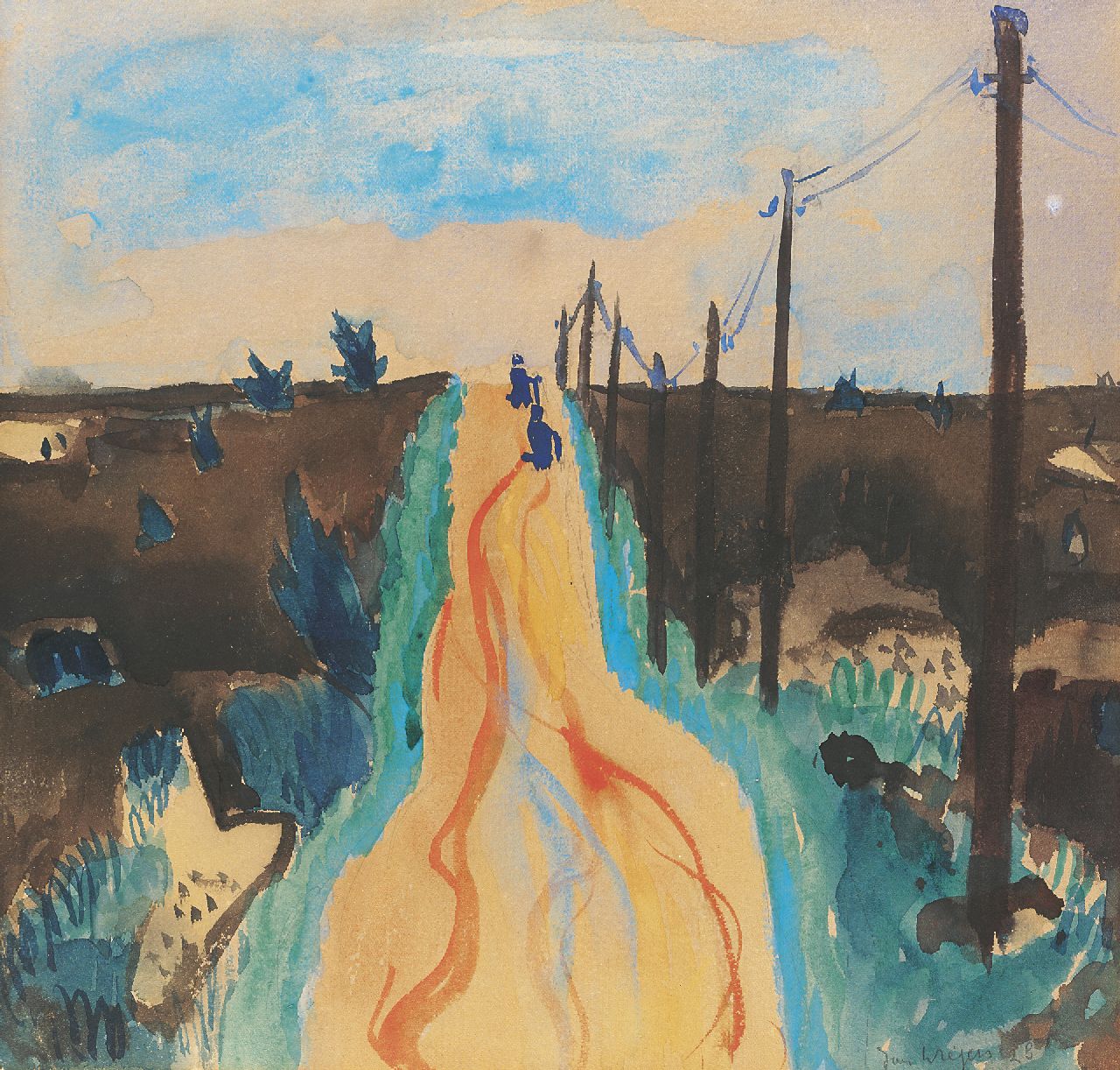 Wiegers J. | Jan Wiegers, Landschap met weg, potlood en aquarel op papier 38,5 x 35,5 cm, gesigneerd rechtsonder en gedateerd '28 Wiegers J. | Jan Wiegers, Landschap met weg, potlood en aquarel op papier 38,5 x 35,5 cm, gesigneerd rechtsonder en gedateerd '28